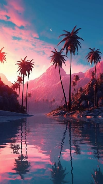 bay,palm trees,mountains,landscape,dusk