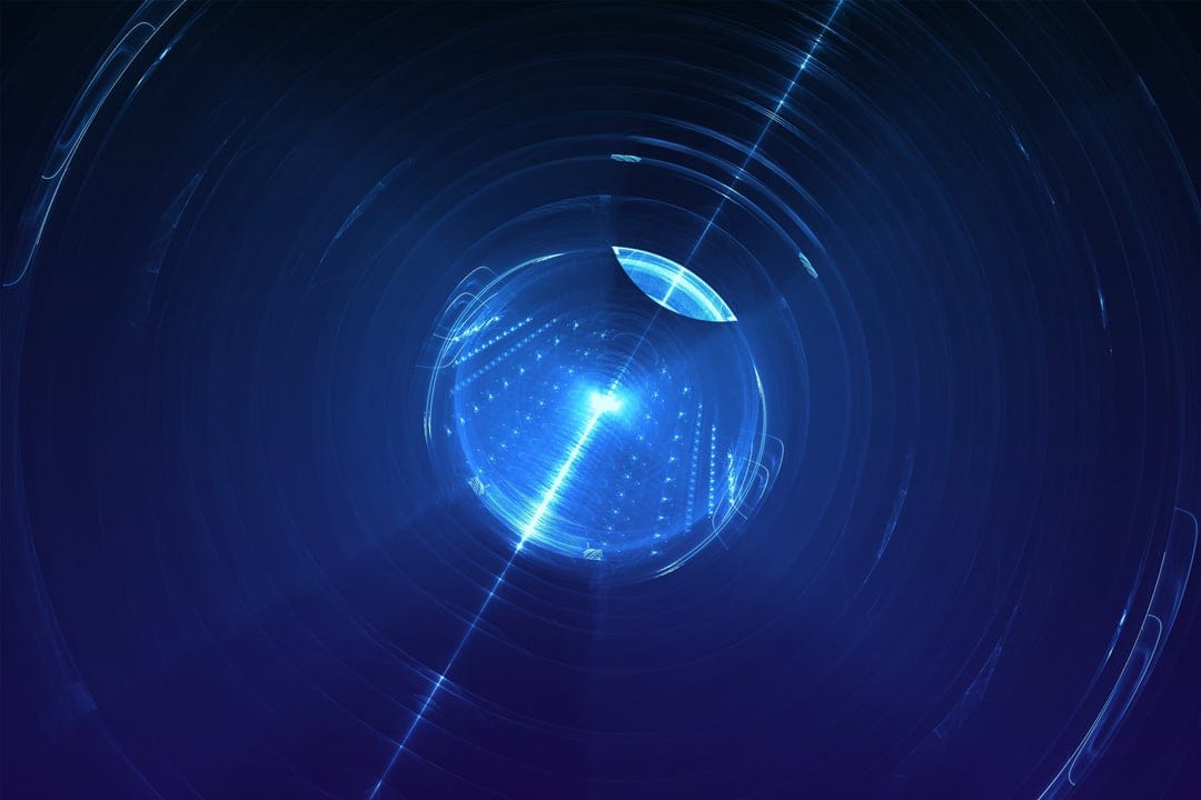 Luminous blue light tunnel with concentric geometric rings and a bright radiant center extending into depth.