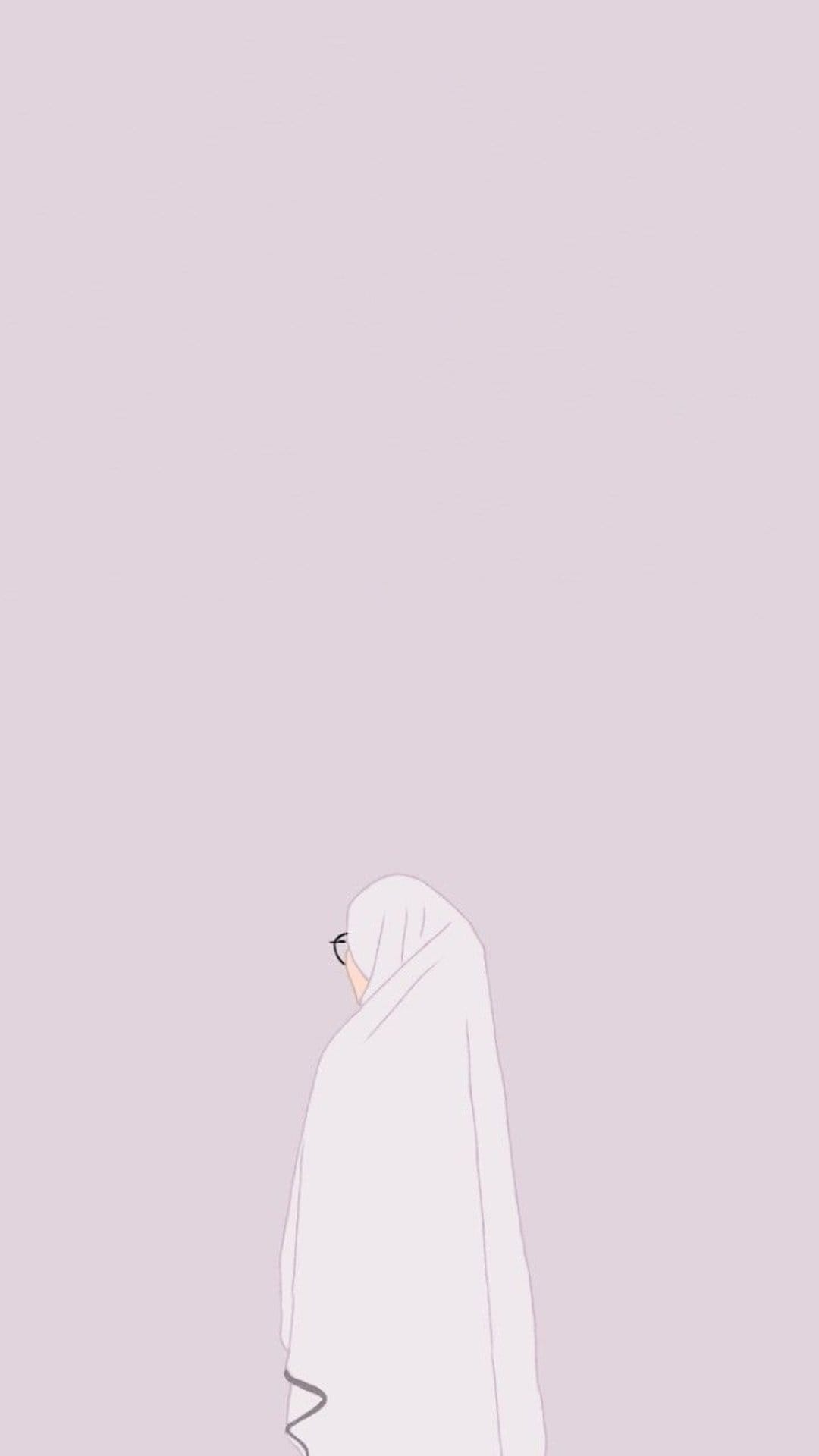 Woman wearing a white hijab and spectacles in a profile pose against a solid pastel pink studio background.