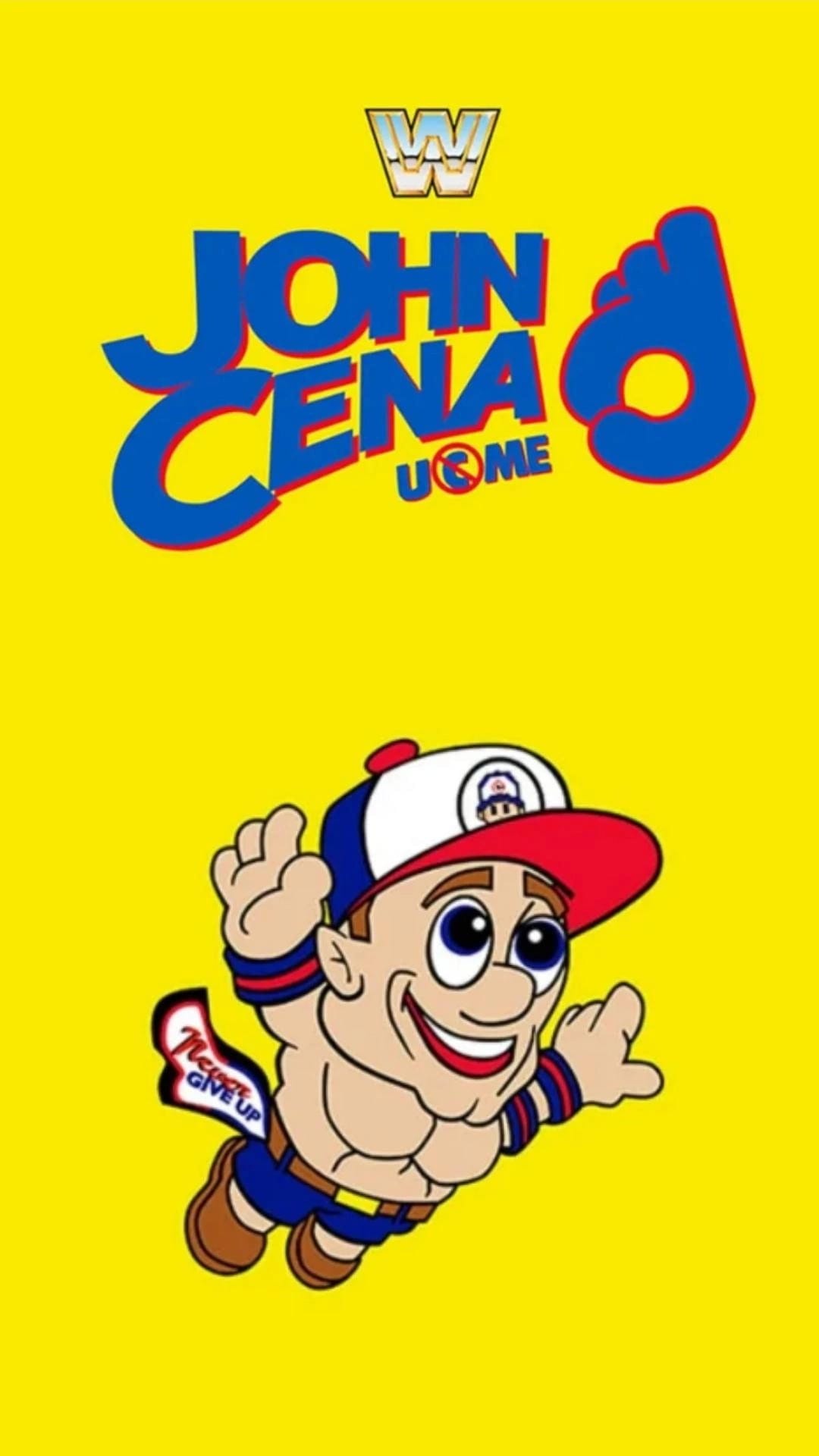 John Cena cartoon character in a red cap and Never Give Up sash against a bright yellow background with text.