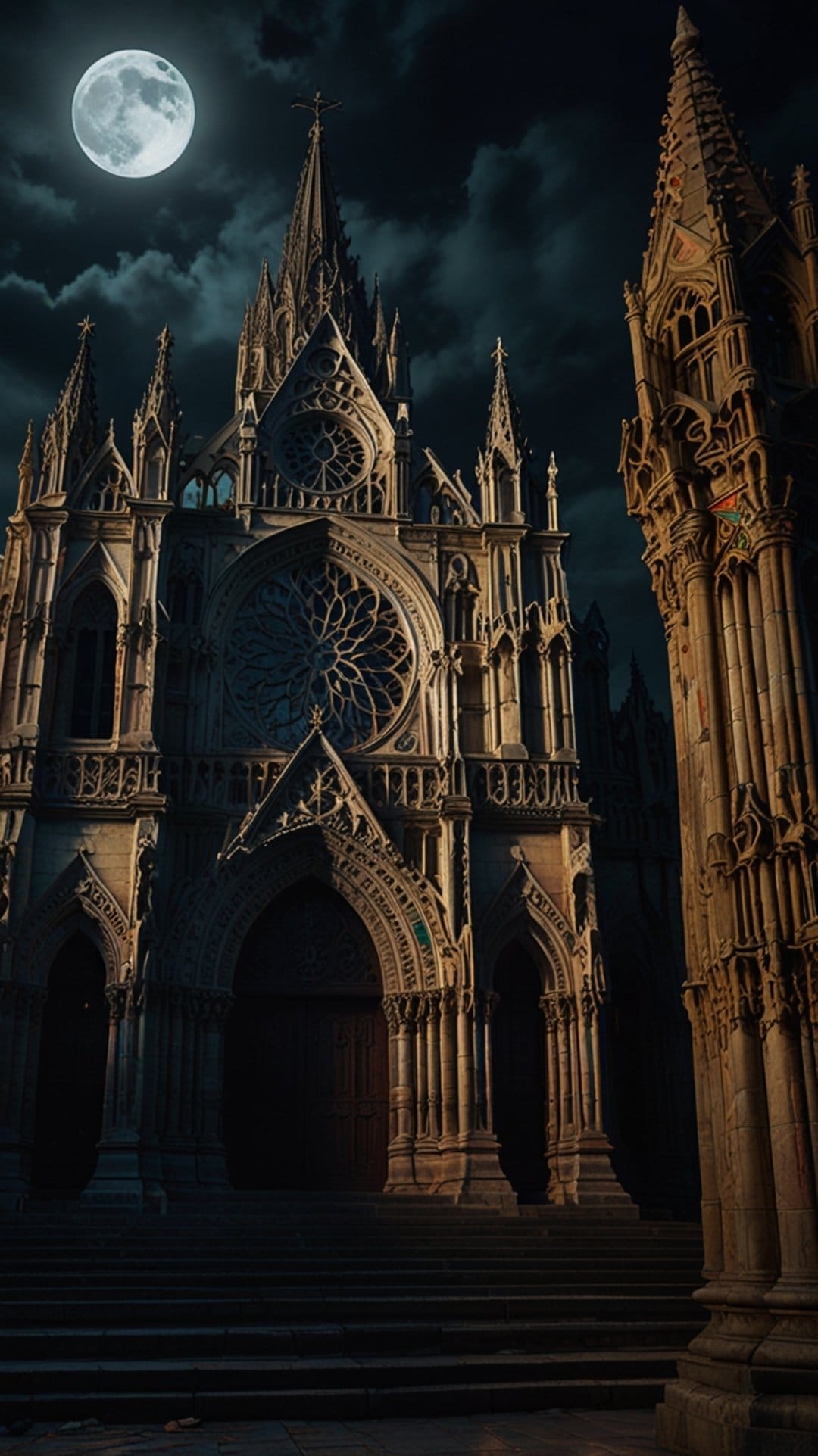 Gothic cathedral with spires and a rose window stands under a large full moon against a dark cloudy night sky.