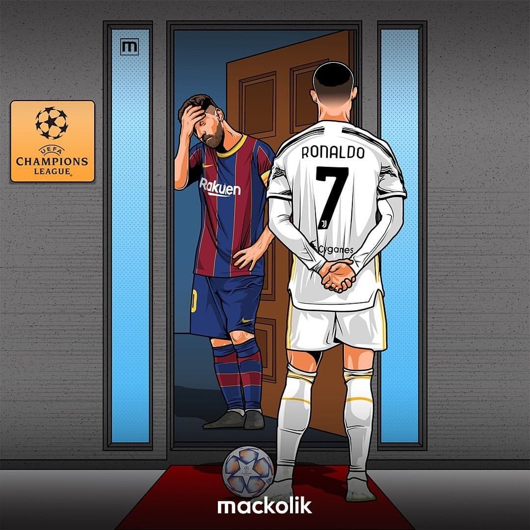 Cristiano Ronaldo in a Juventus kit faces a dejected Lionel Messi sitting in a Barcelona jersey by a door.