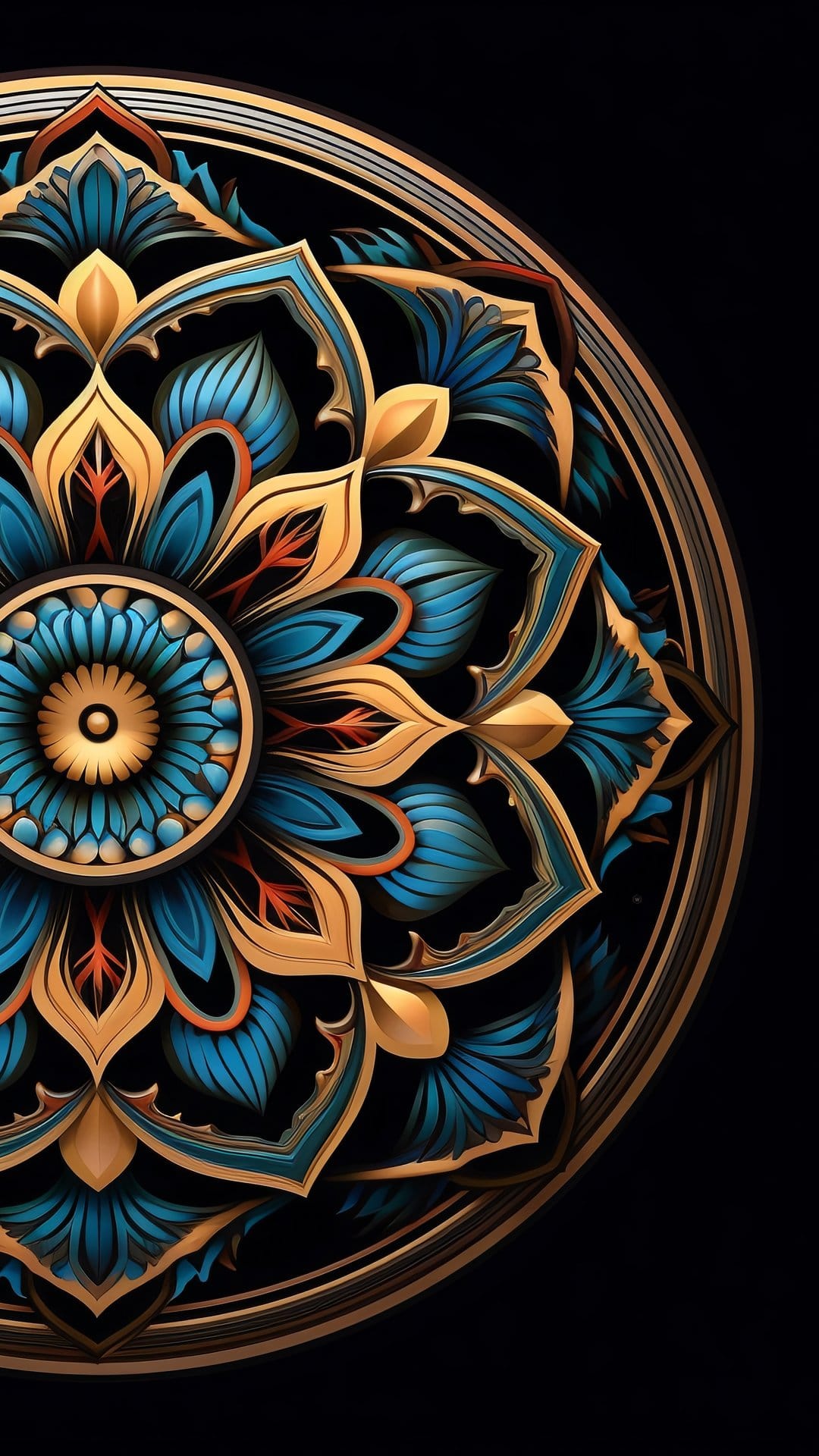 Ornate teal and gold mandala with radial geometric layers centered on a deep black high-contrast background.