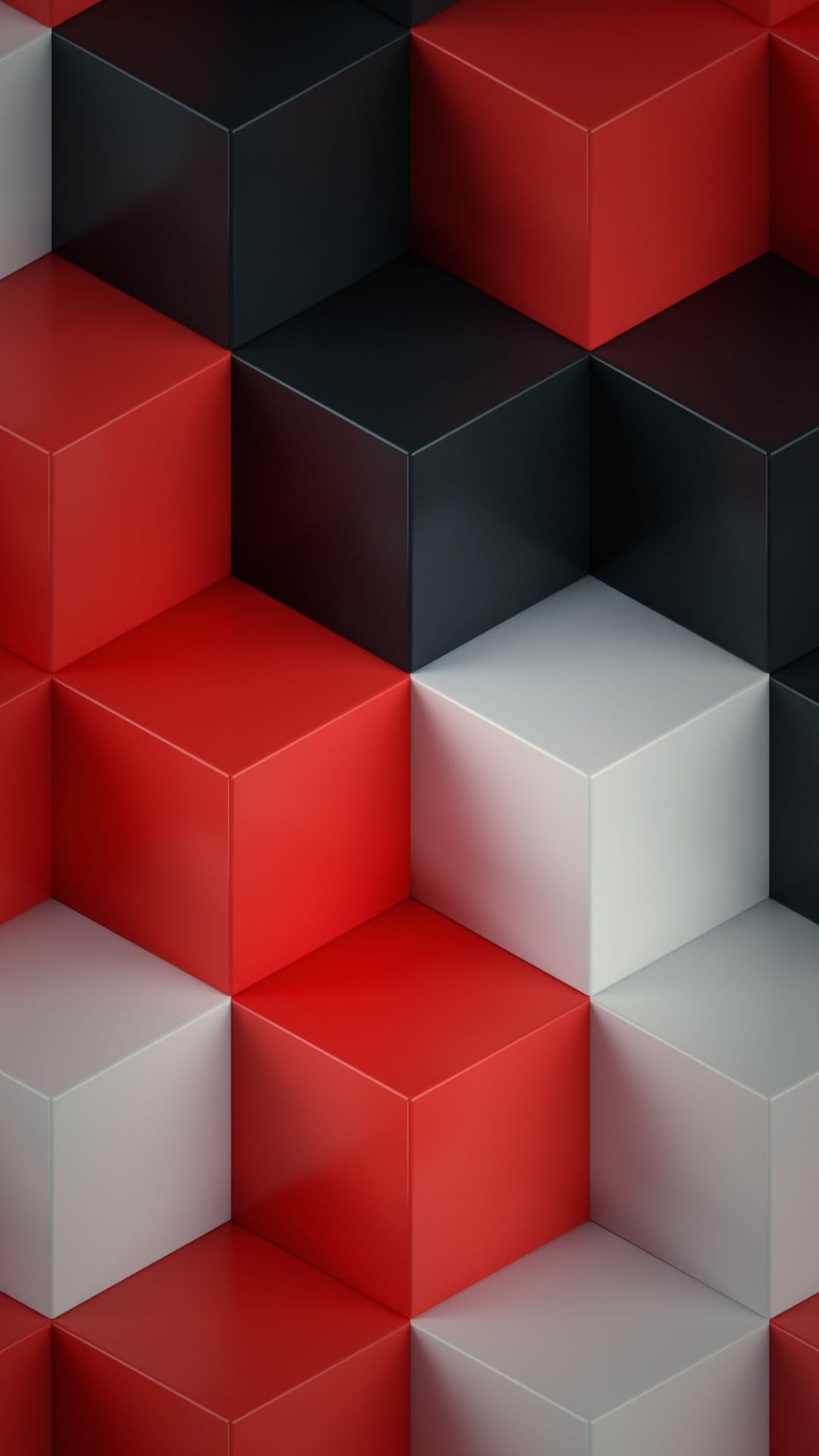 Staggered red, black, and white 3D cubes arranged in an isometric pattern with sharp edges and deep shadows.