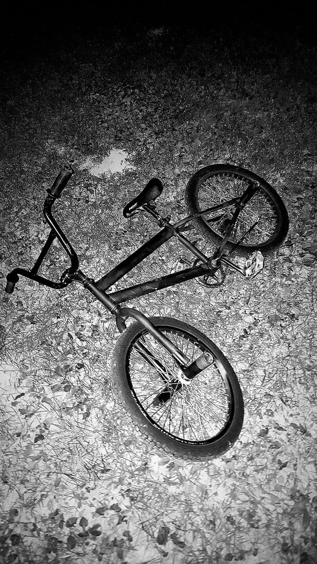 BMX bike rests diagonally on leaf-strewn pavement at night in a high-contrast black and white urban setting.