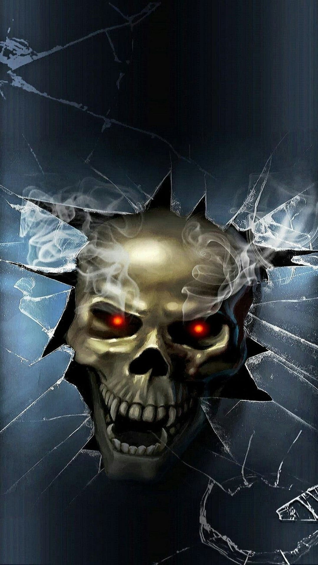 Skull with glowing red eyes breaking through shattered glass shards with gray smoke wisps in the eye sockets.