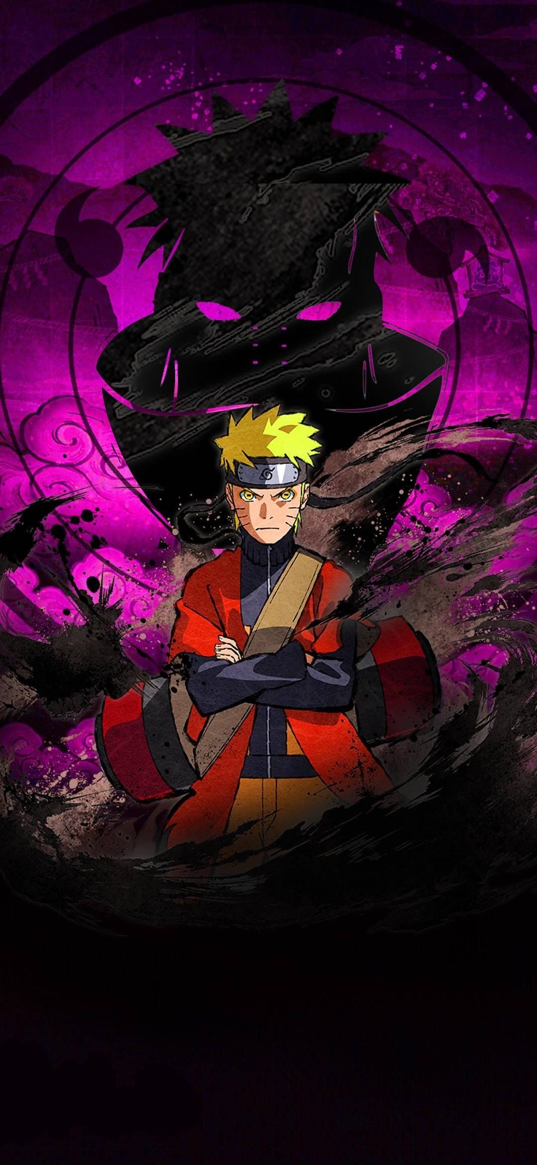Naruto Uzumaki glows in purple Nine-Tails Chakra Mode with a shadowy Kurama silhouette and black ink splatters.