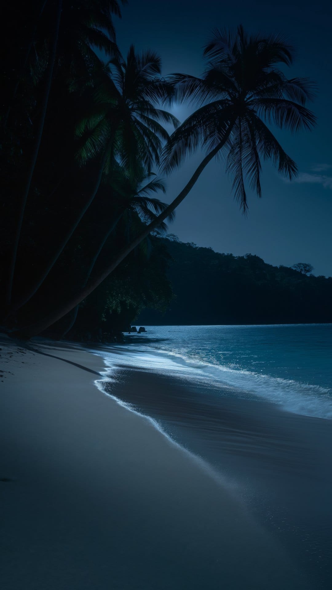 Palm tree silhouettes lean over phosphorescent waves and dark sand on a moonlit tropical beach at night.