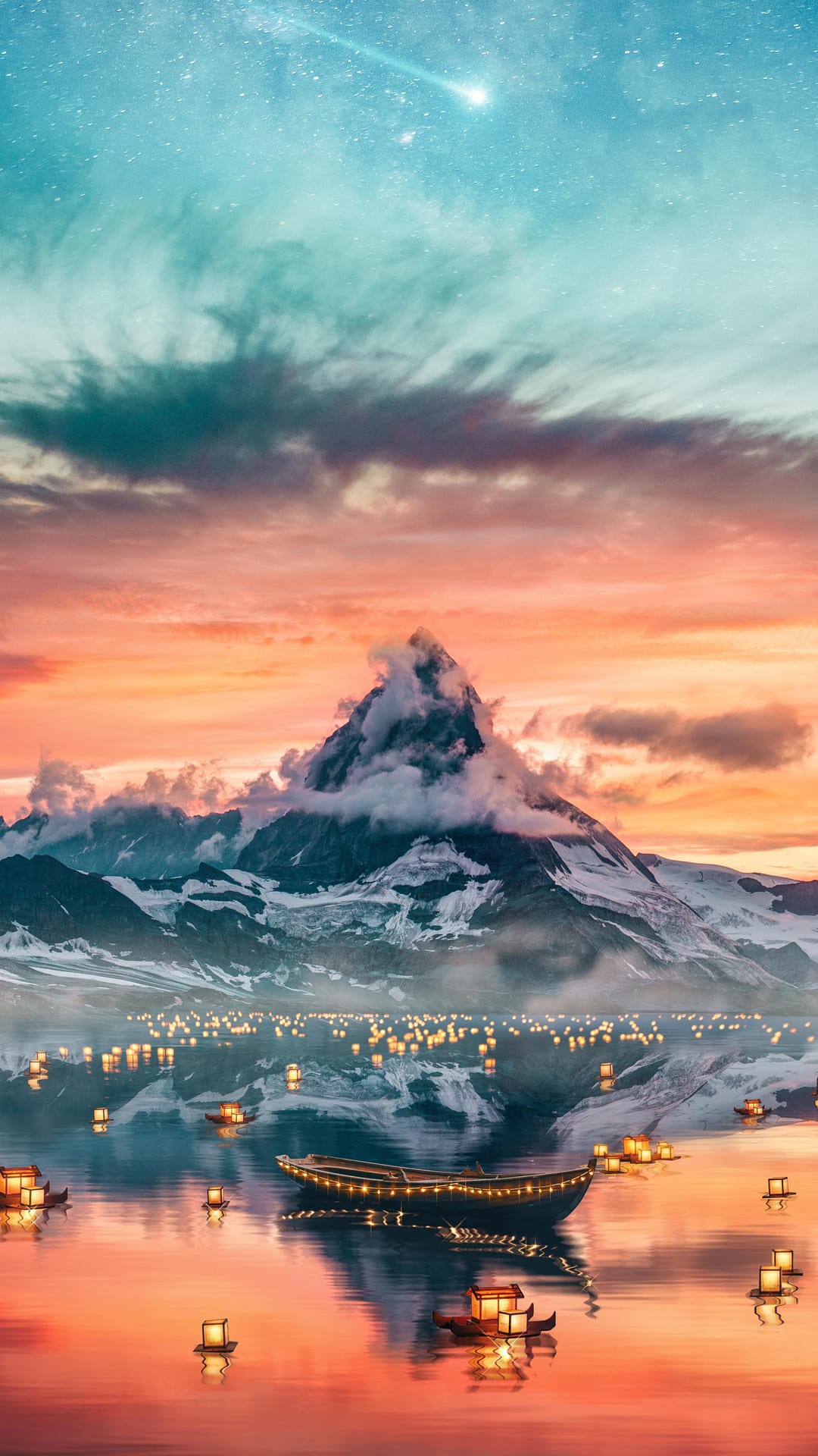 Glowing paper lanterns float on a calm alpine lake reflecting snow-capped mountains and a starry night sky.