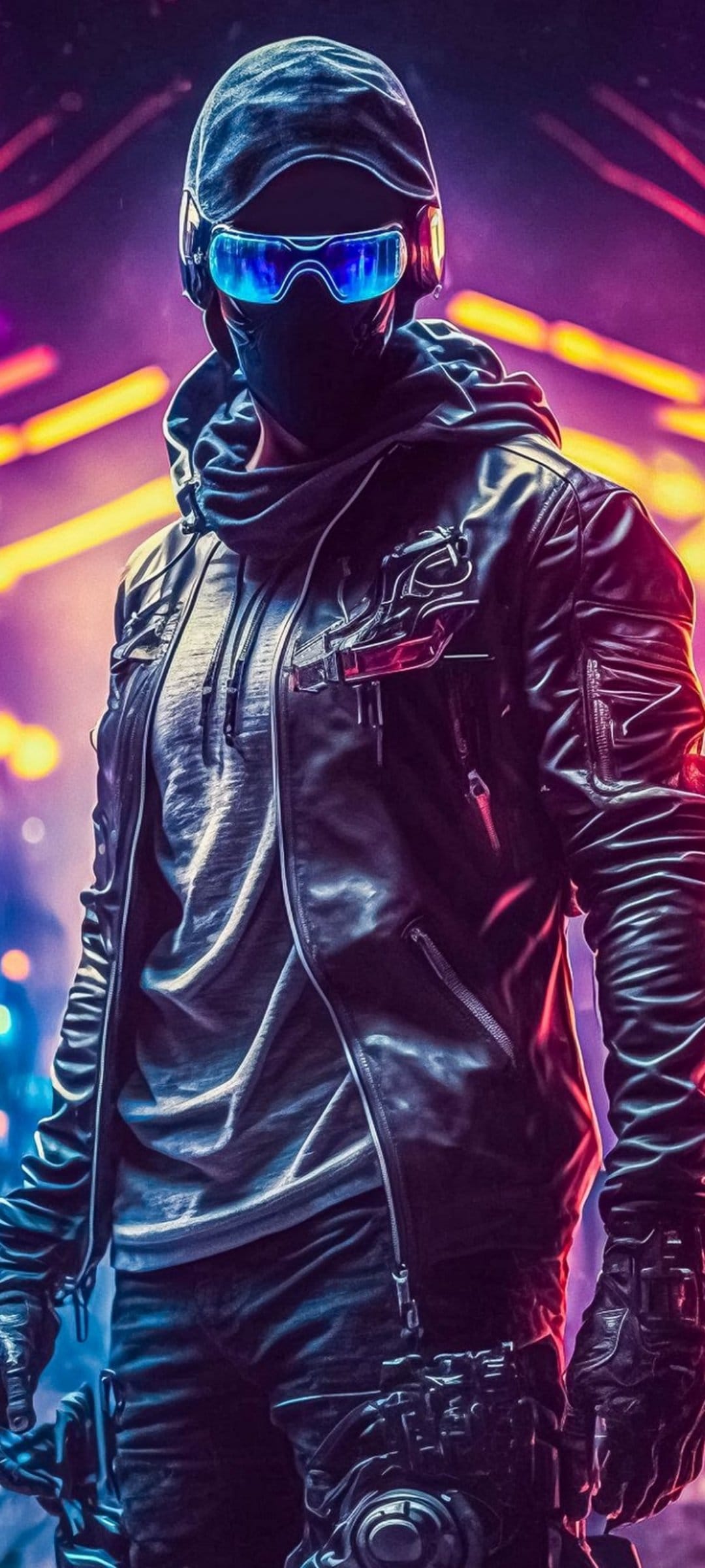 Masked character with glowing blue goggles and a black leather jacket against a purple and yellow bokeh city.