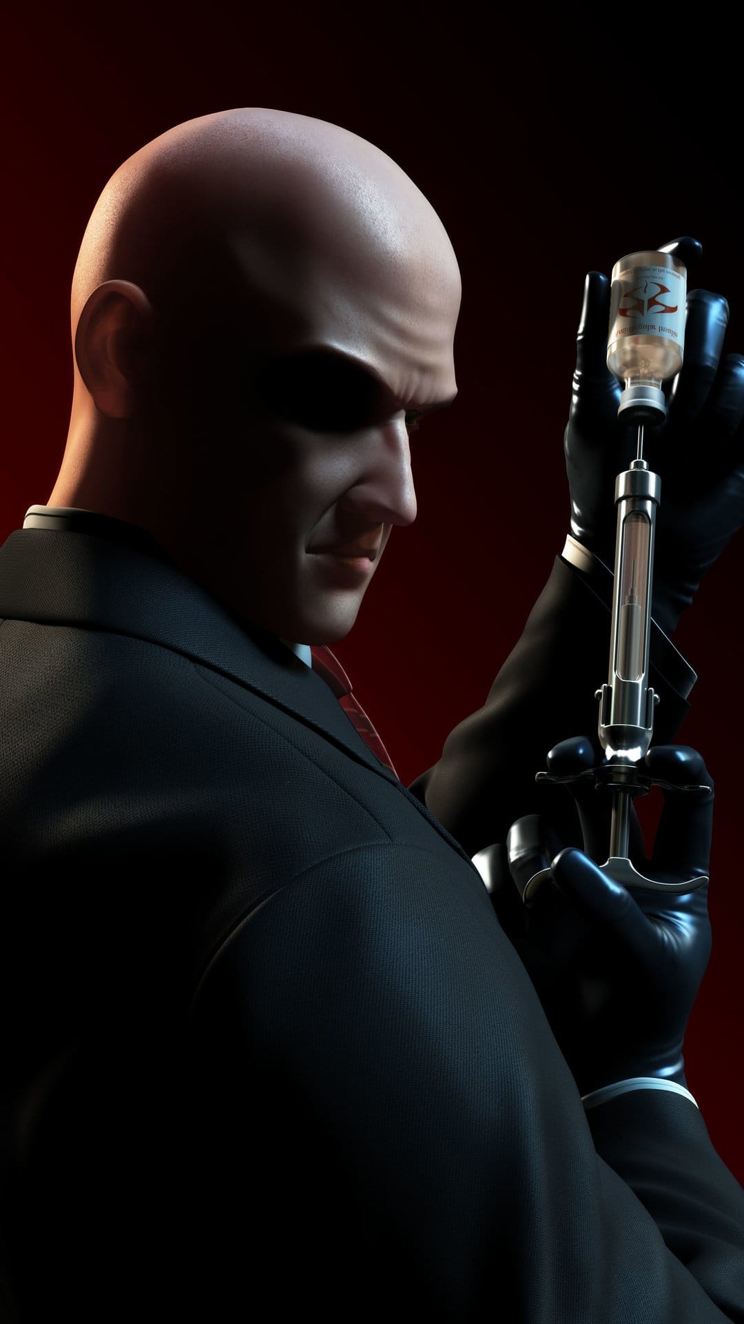 Bald assassin in a black suit and leather gloves holding a syringe against a dark red and black background.