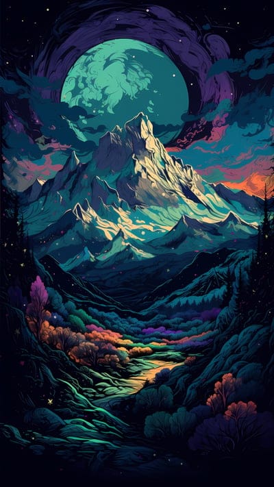 mountains,trees,moon,night,art