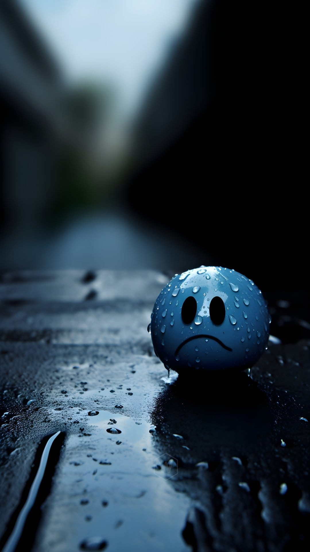 Blue sad smiley face covered in raindrops sits on a dark wet surface with soft bokeh lights in the background.
