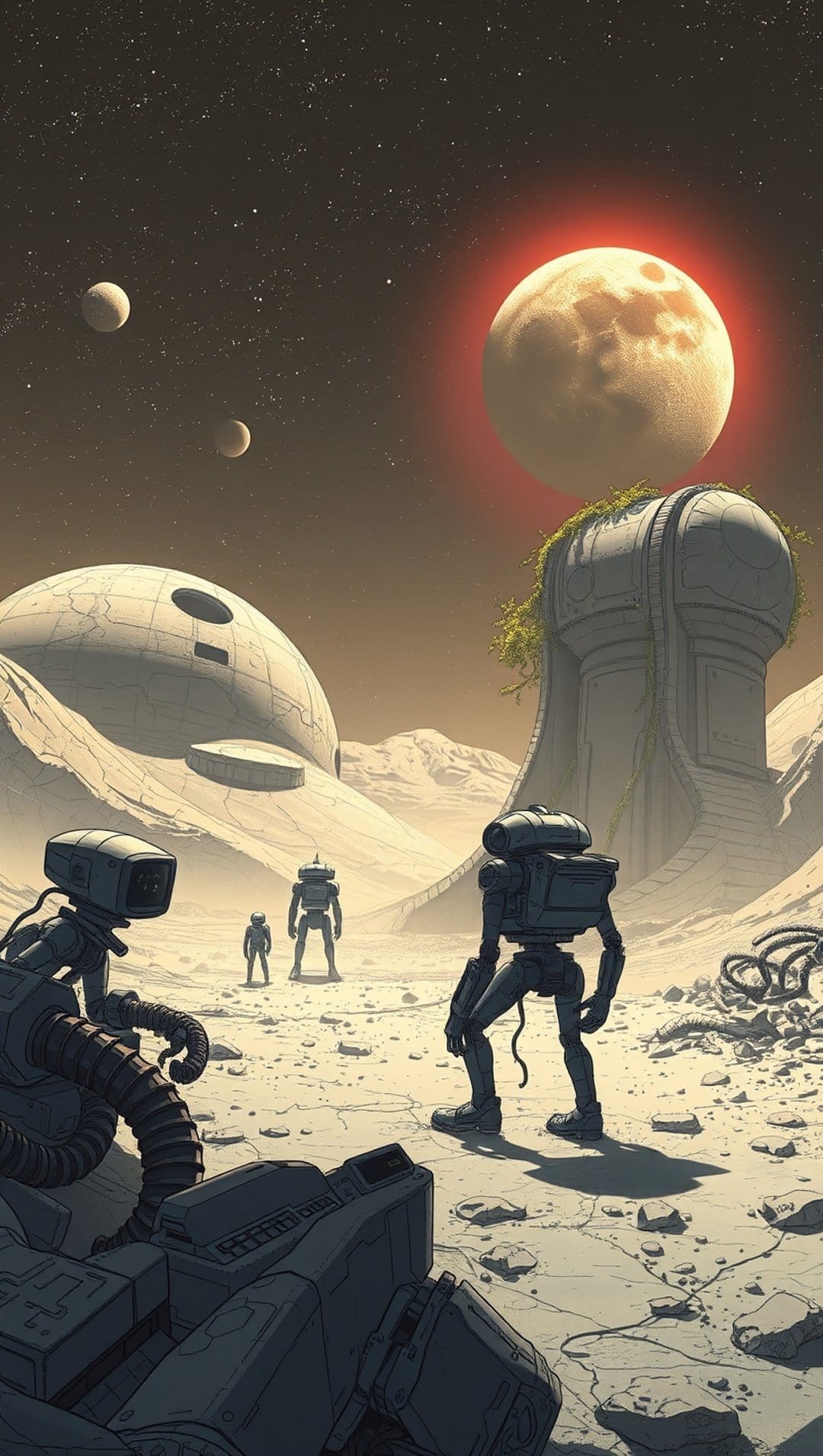 Two robots trek across a rocky planet toward giant domes under a massive red-haloed moon and starry sky.