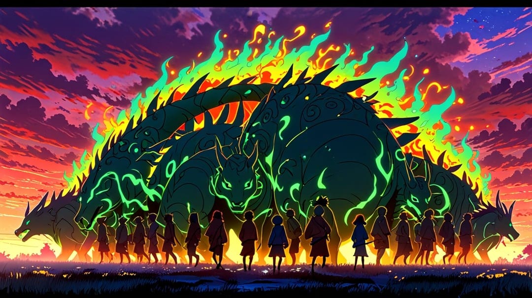 Colossal green dragons erupt from the earth with jade flames under a sunset sky while silhouettes watch.