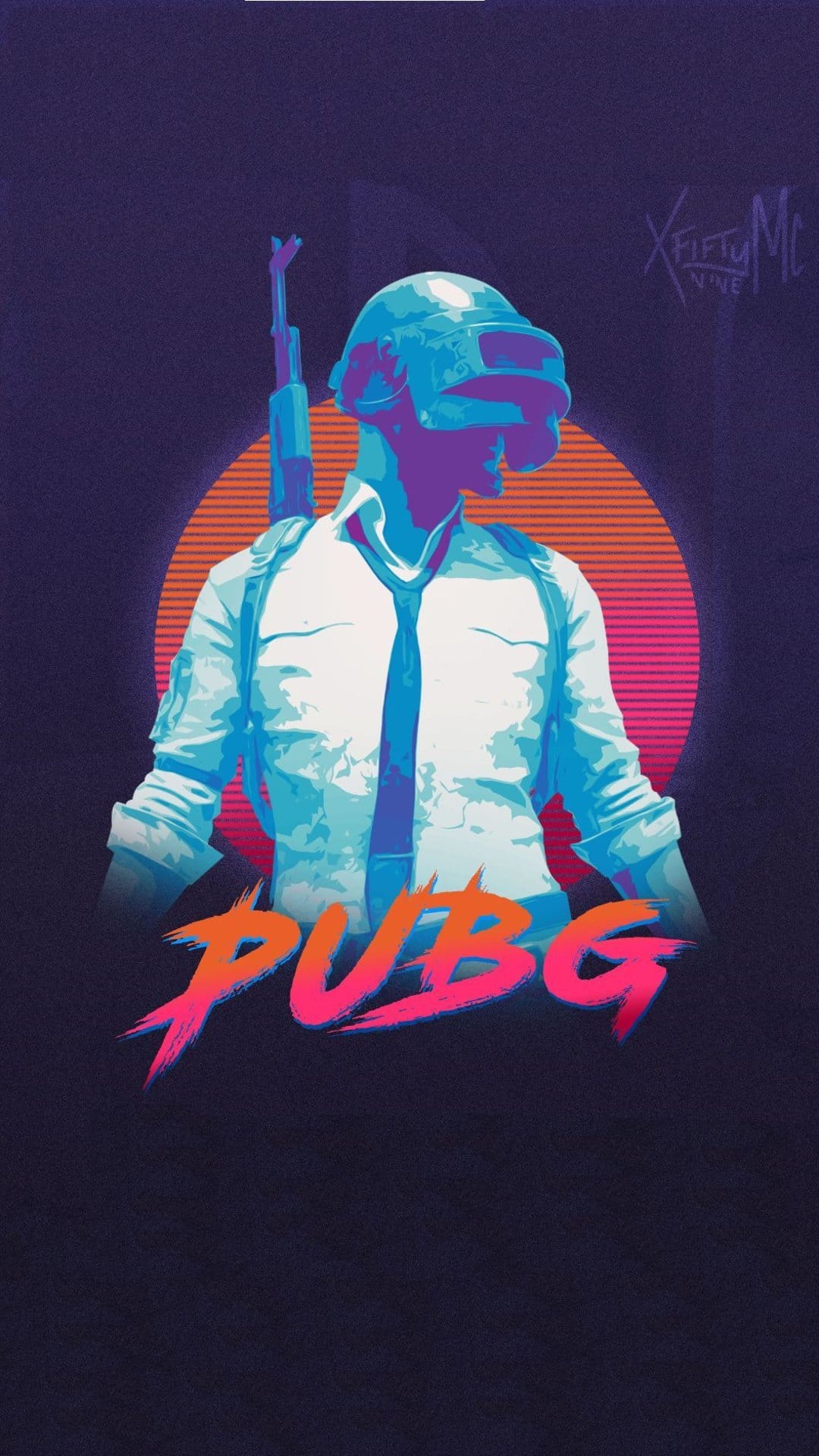 PUBG player silhouette stands before a giant pink sun with neon blue and purple synthwave grid lines.