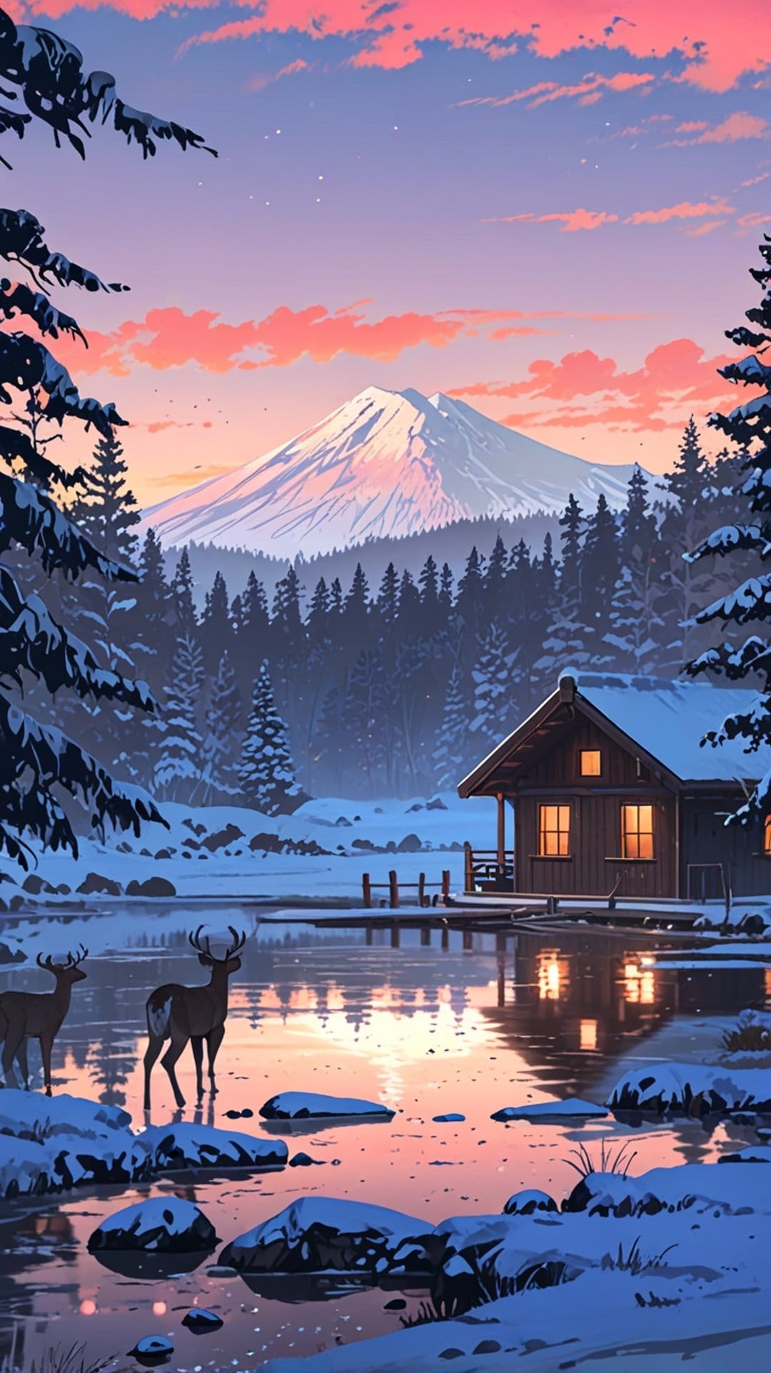 Two deer stand near a rustic cabin and frozen lake under a pink sunset sky with distant snowy mountains.