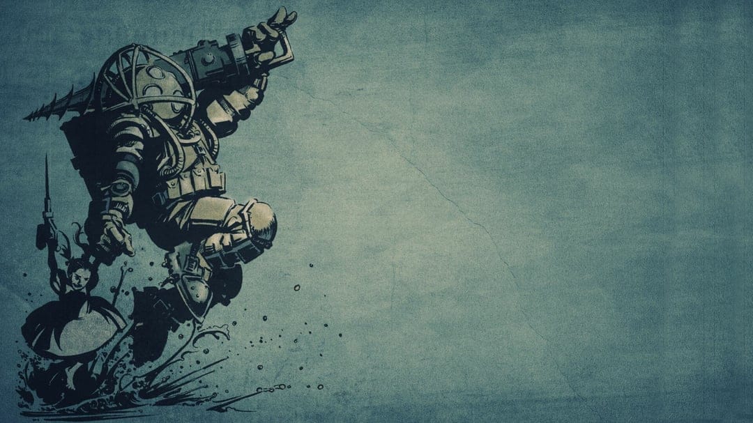 Subject Delta Big Daddy jumping with a Little Sister on a textured blue-grey background in ink style.