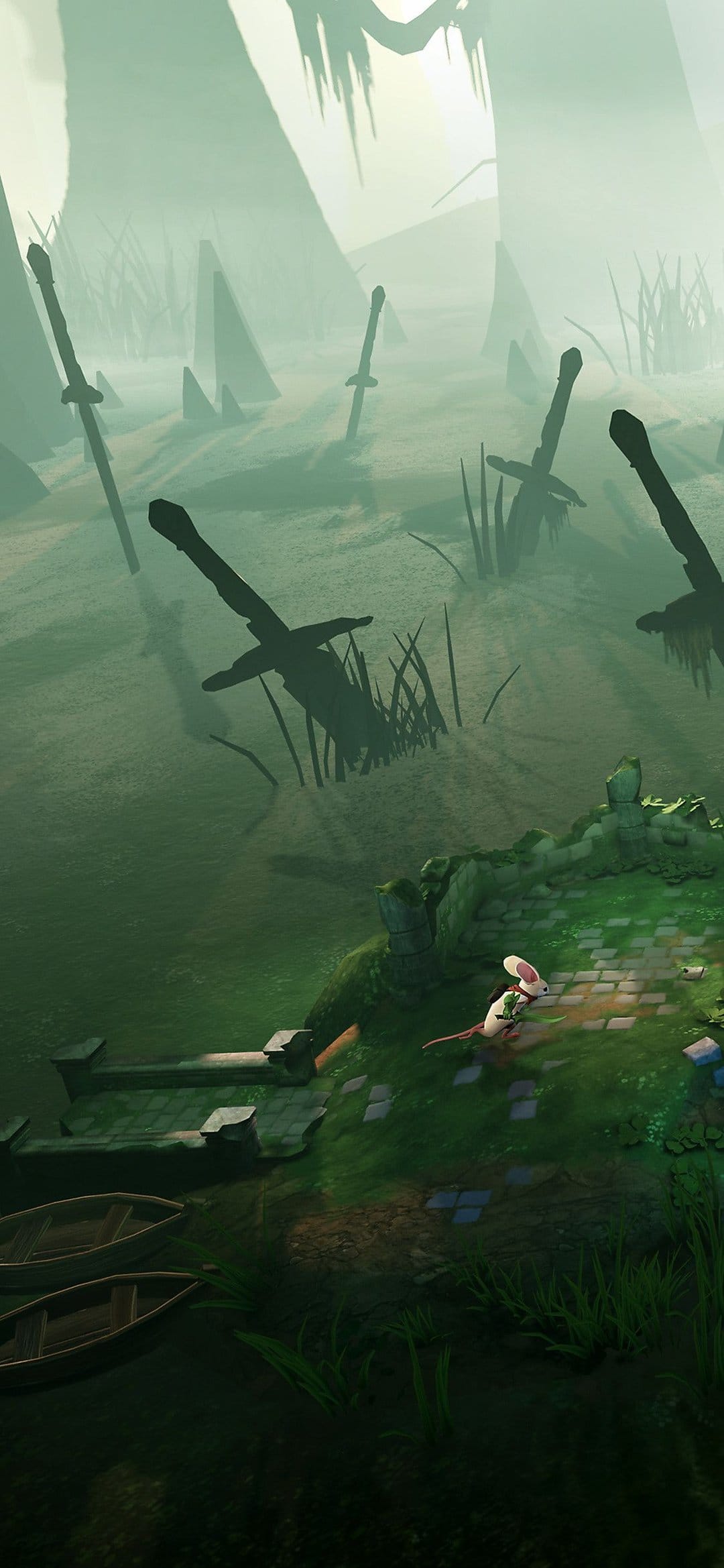 Small mouse knight with a red bandana standing among rusted swords in a foggy swamp next to two small boats.