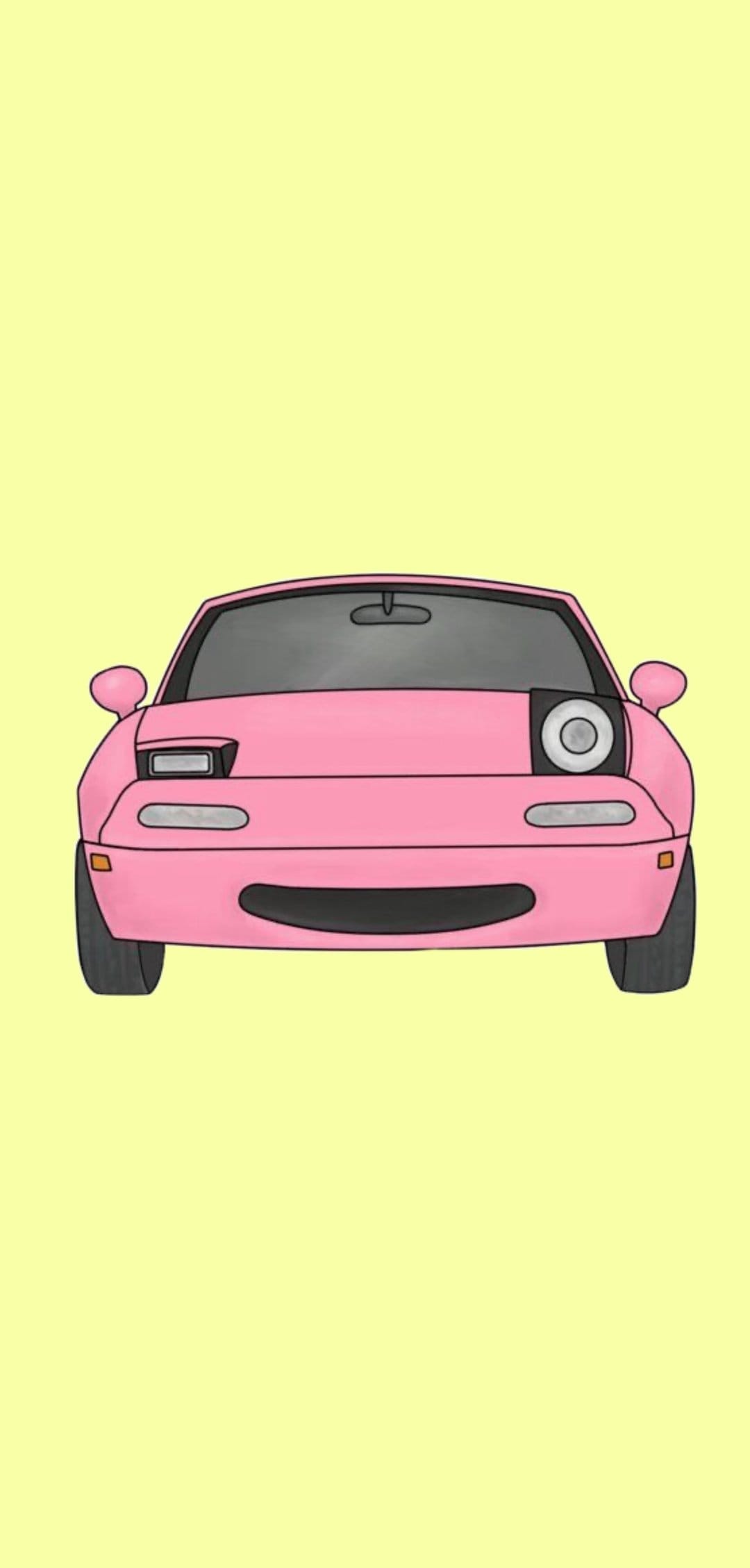 Pink convertible car with pop-up headlights centered against a solid bright yellow background in vertical view.