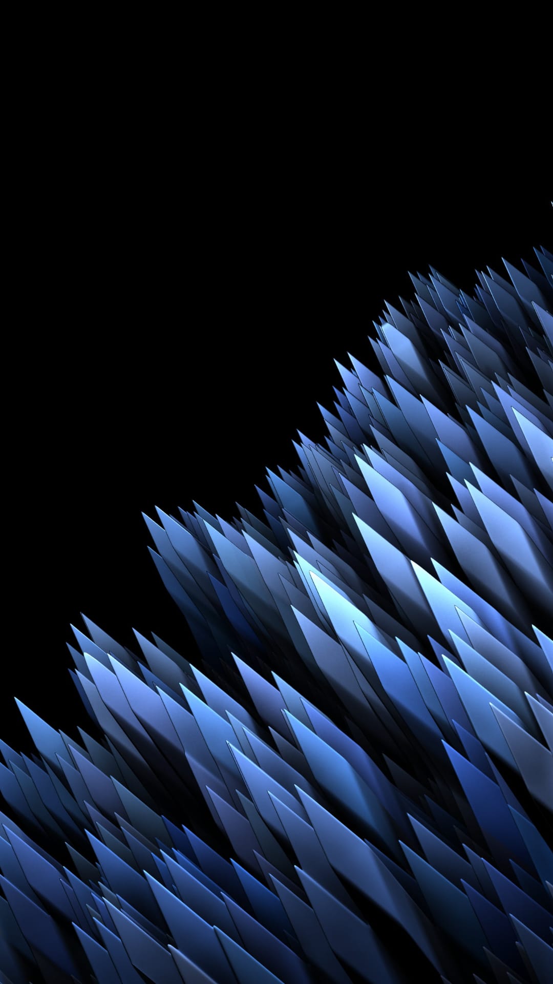 Sharp blue crystal spikes protruding diagonally against a solid black background with high contrast lighting.
