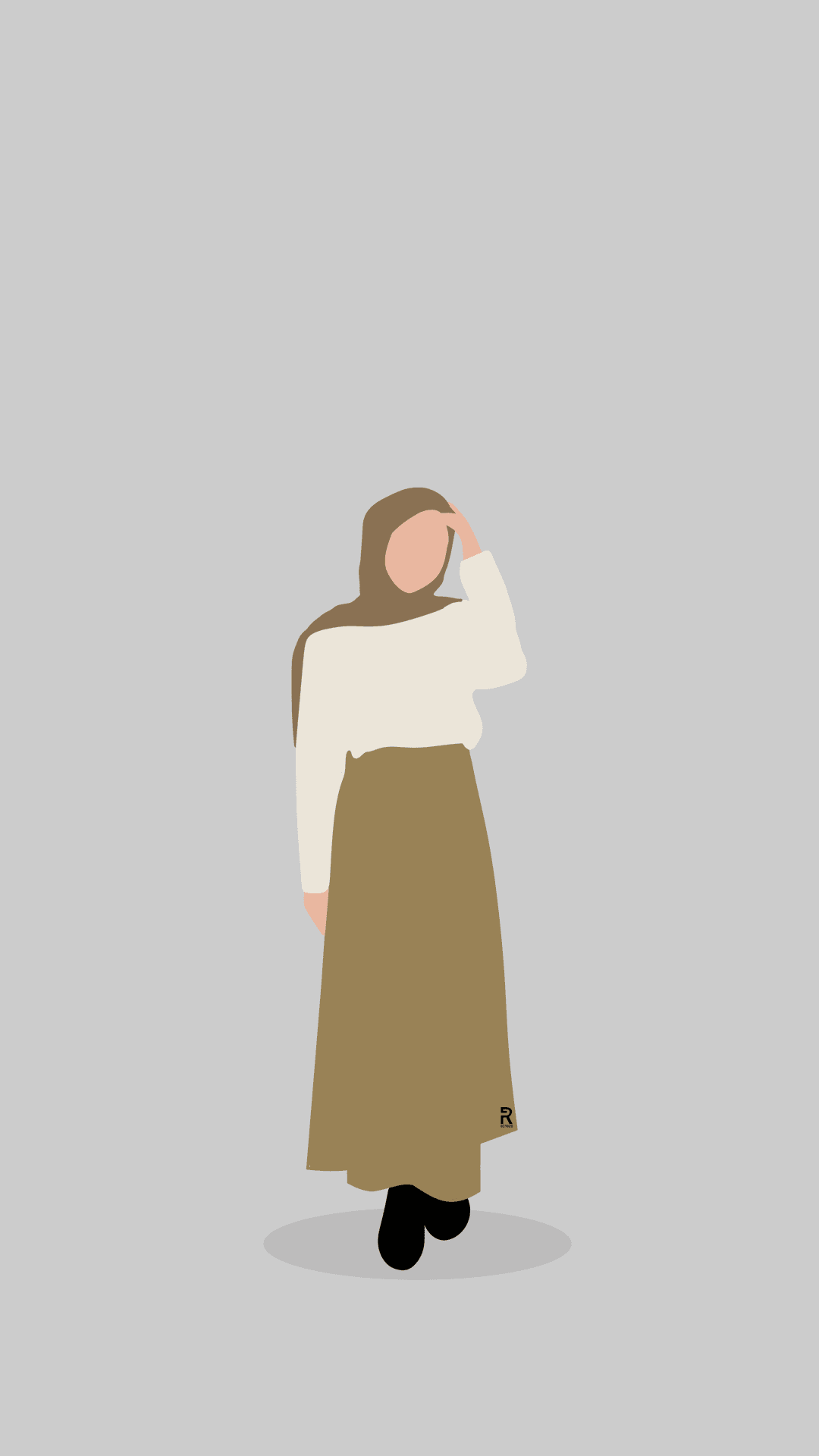 Woman wearing a brown hijab and cream sweater over a long skirt stands centered against a solid gray background.