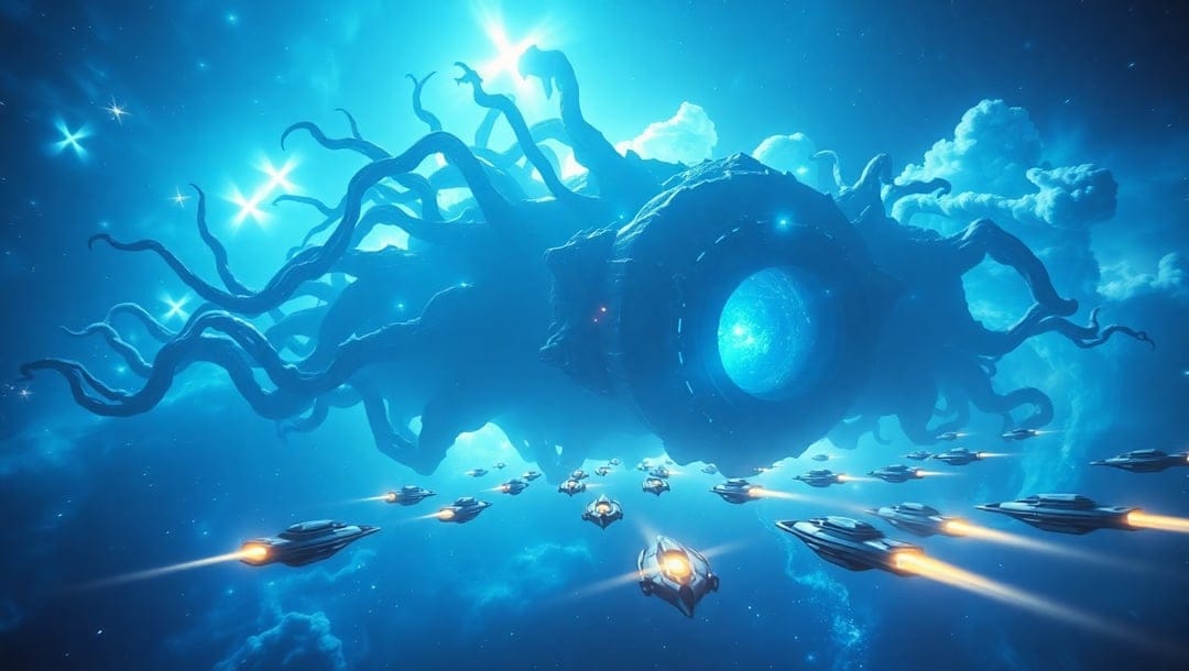 Enormous tentacled alien with a glowing blue eye looms over futuristic spaceships with bright orange engines.