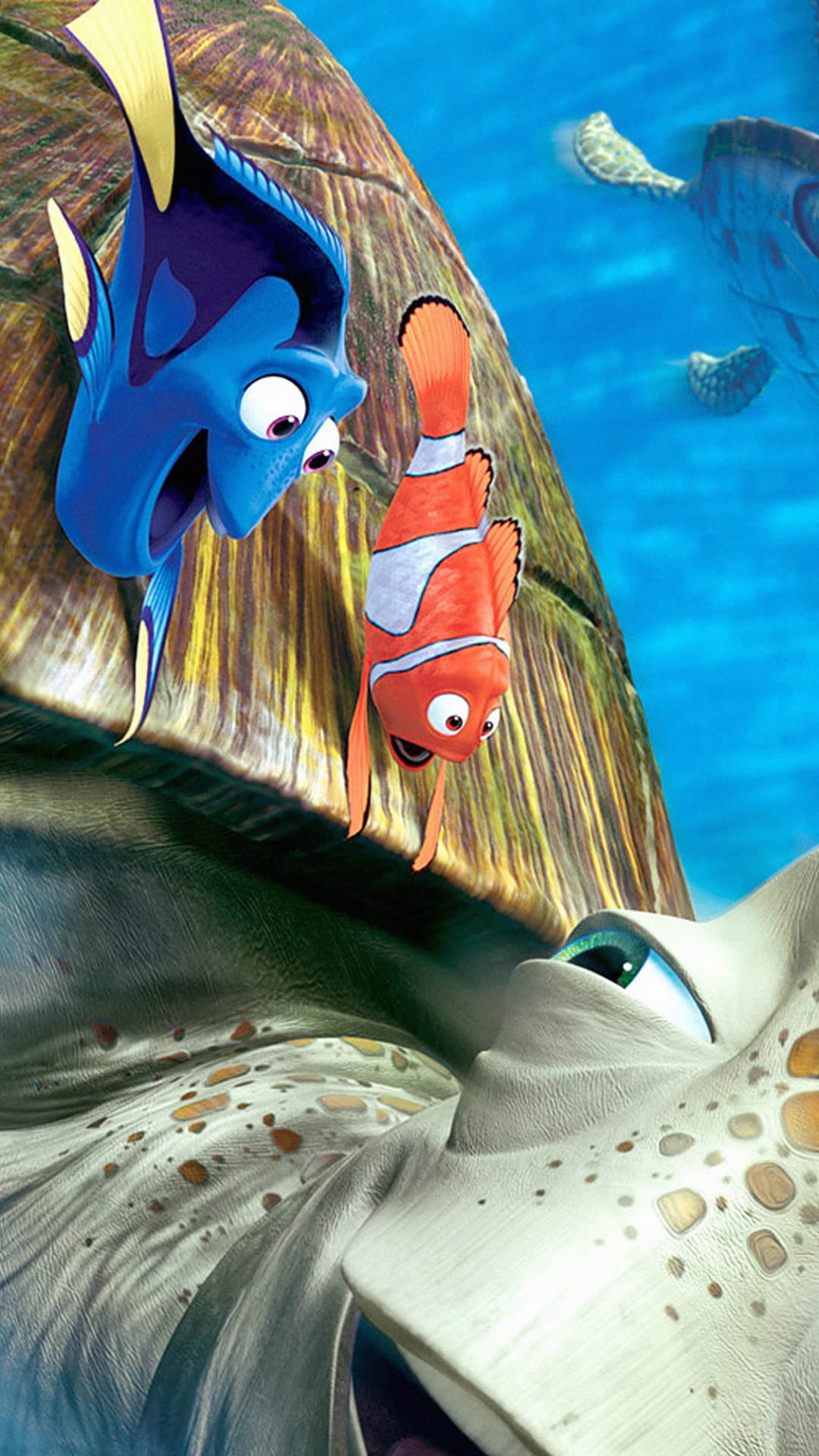 Nemo and Dory rest on a textured sea turtle shell in a sunlit blue ocean with rocky underwater formations.