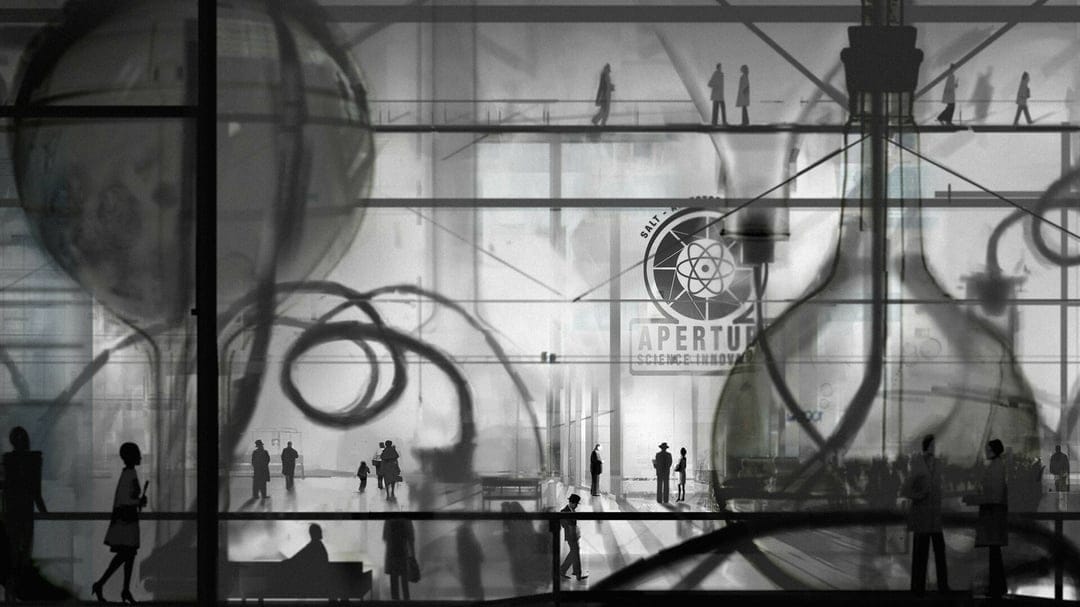 Silhouetted 1950s scientists in a massive industrial facility with the Aperture Science logo in grayscale.