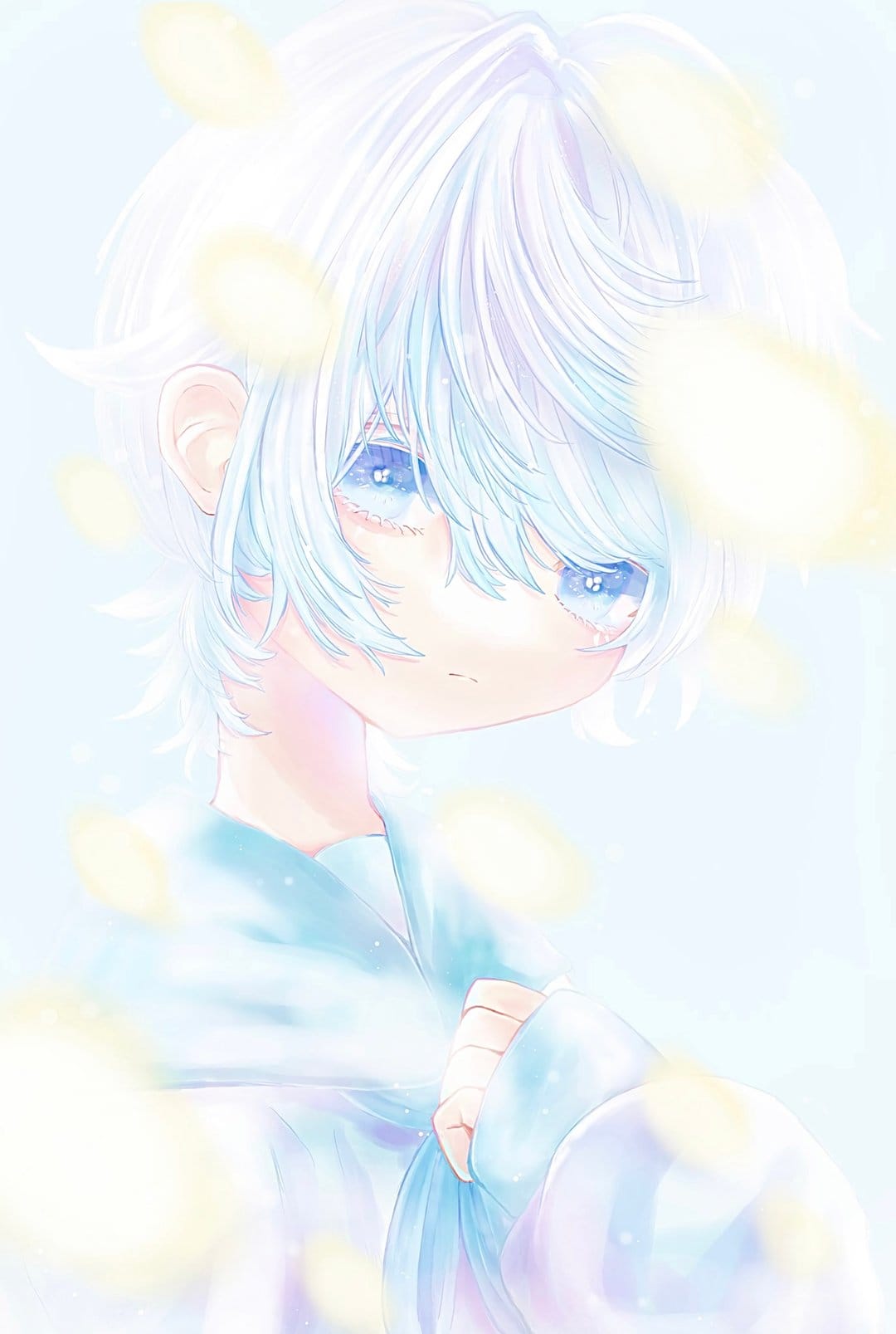 White-haired boy with bright blue eyes gazes forward amidst glowing orbs and soft, ethereal pastel lighting.