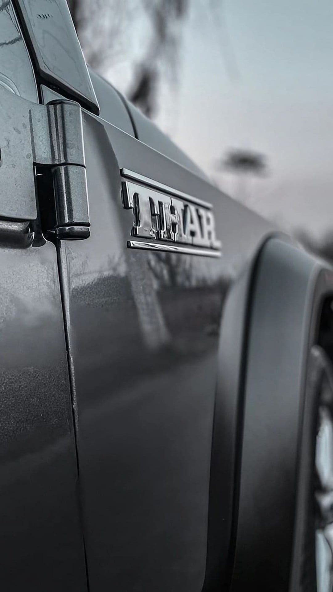 Chrome Thar emblem and a black door hinge on a vehicle side with a soft-focus outdoor background.