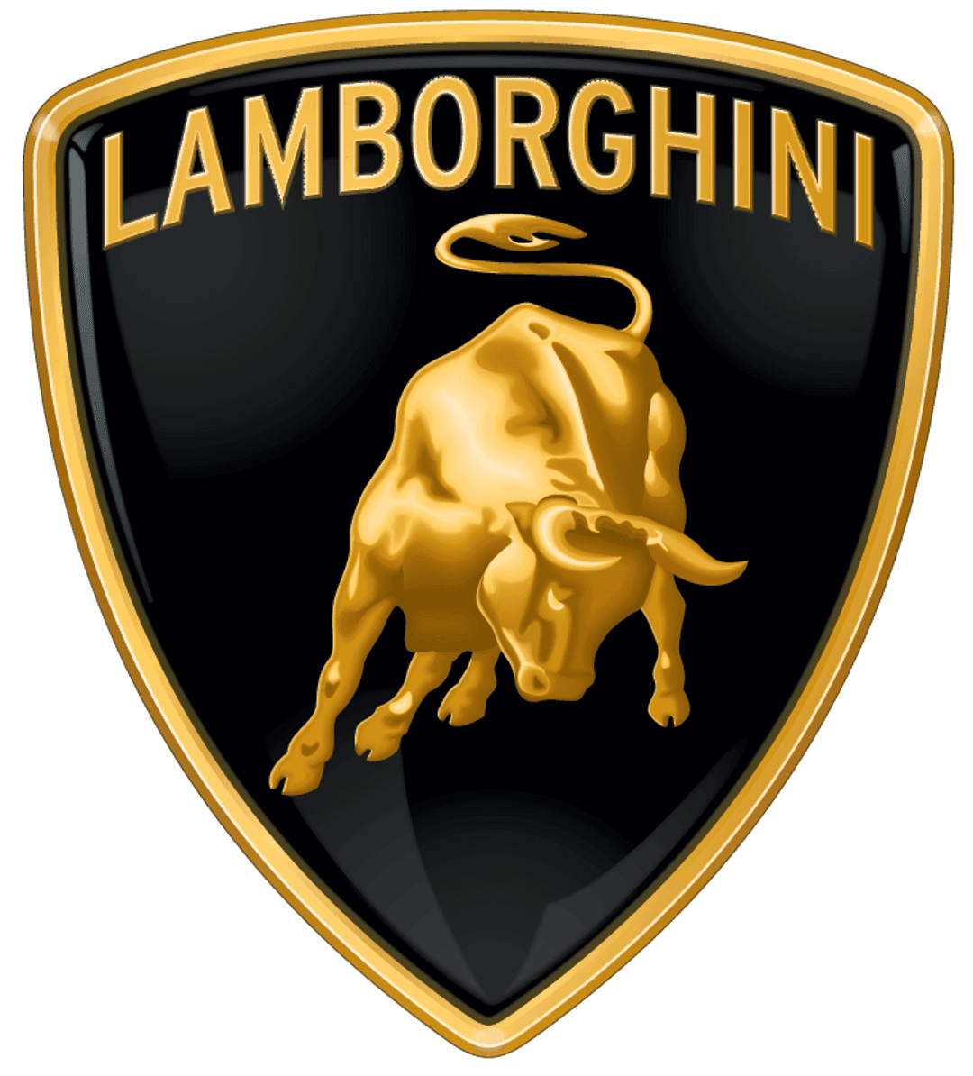 Lamborghini logo featuring a gold bull on a black shield badge with metallic textures and a bold gold outline.
