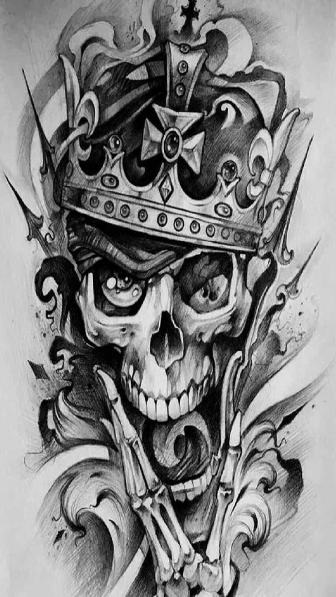 Crowned skull with an open mouth and swirling tongue held by skeletal hands featuring high-contrast dark shading.