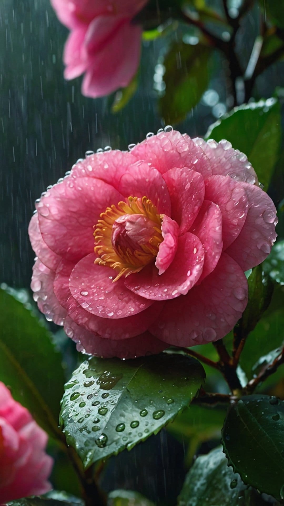 Pink camellia flower petals covered in tiny water droplets against a blurred green leaf background in close-up.