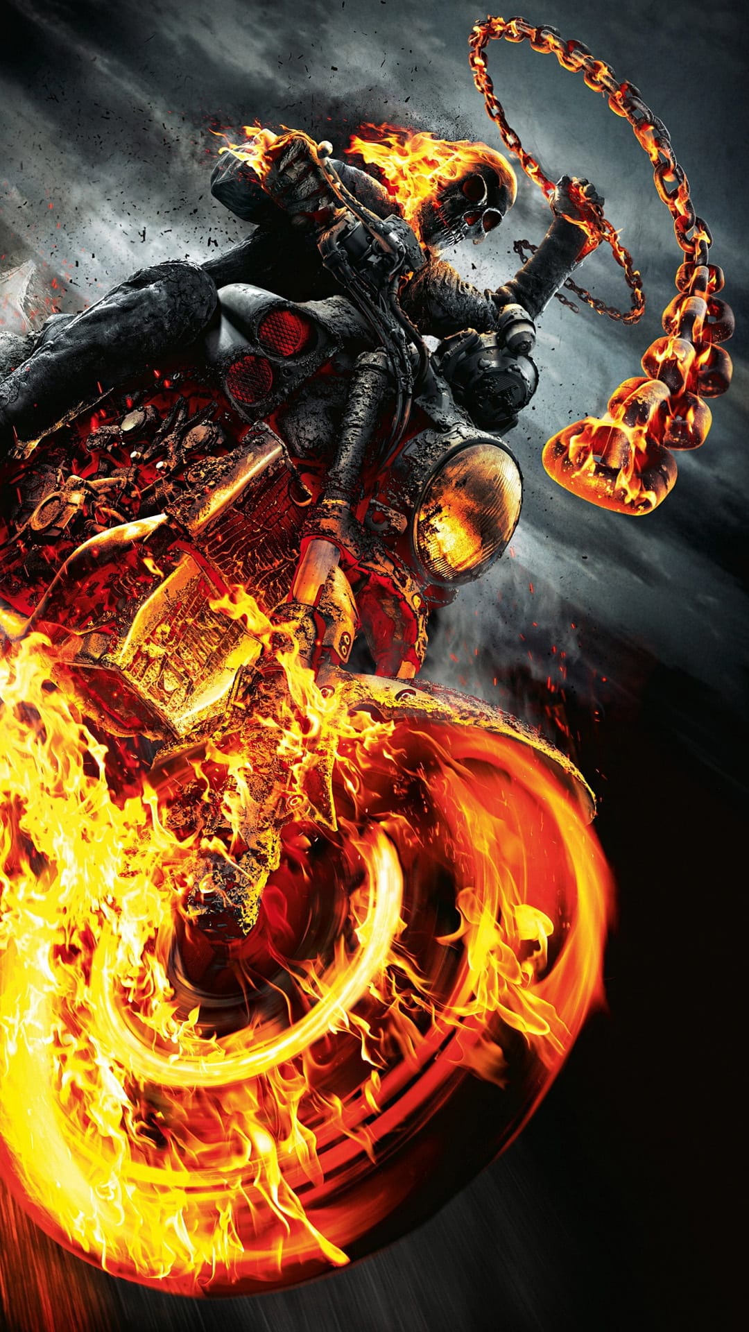 Ghost Rider with a flaming skull rides a motorcycle through smoke while swinging a glowing chain whip.