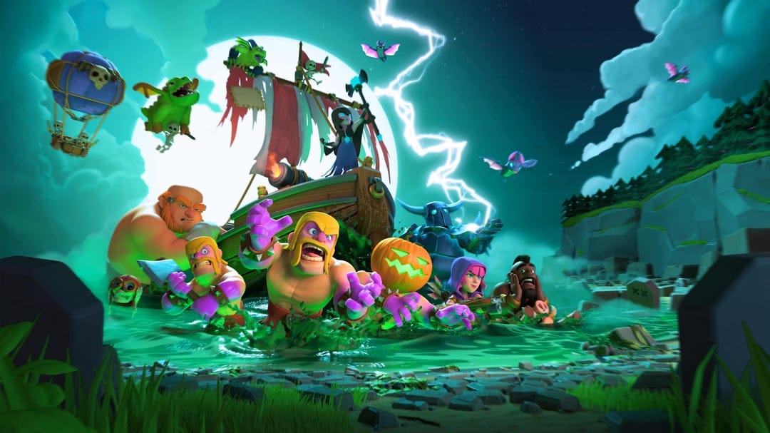 Clash of Clans characters wading through glowing green water under a full moon and lightning in a spooky night scene.