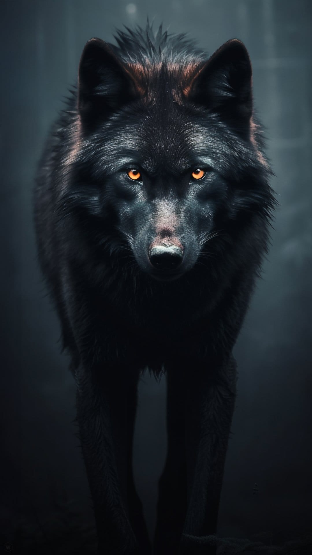 Black wolf with luminous orange eyes stares directly forward from the shadows of a dark, dense forest.