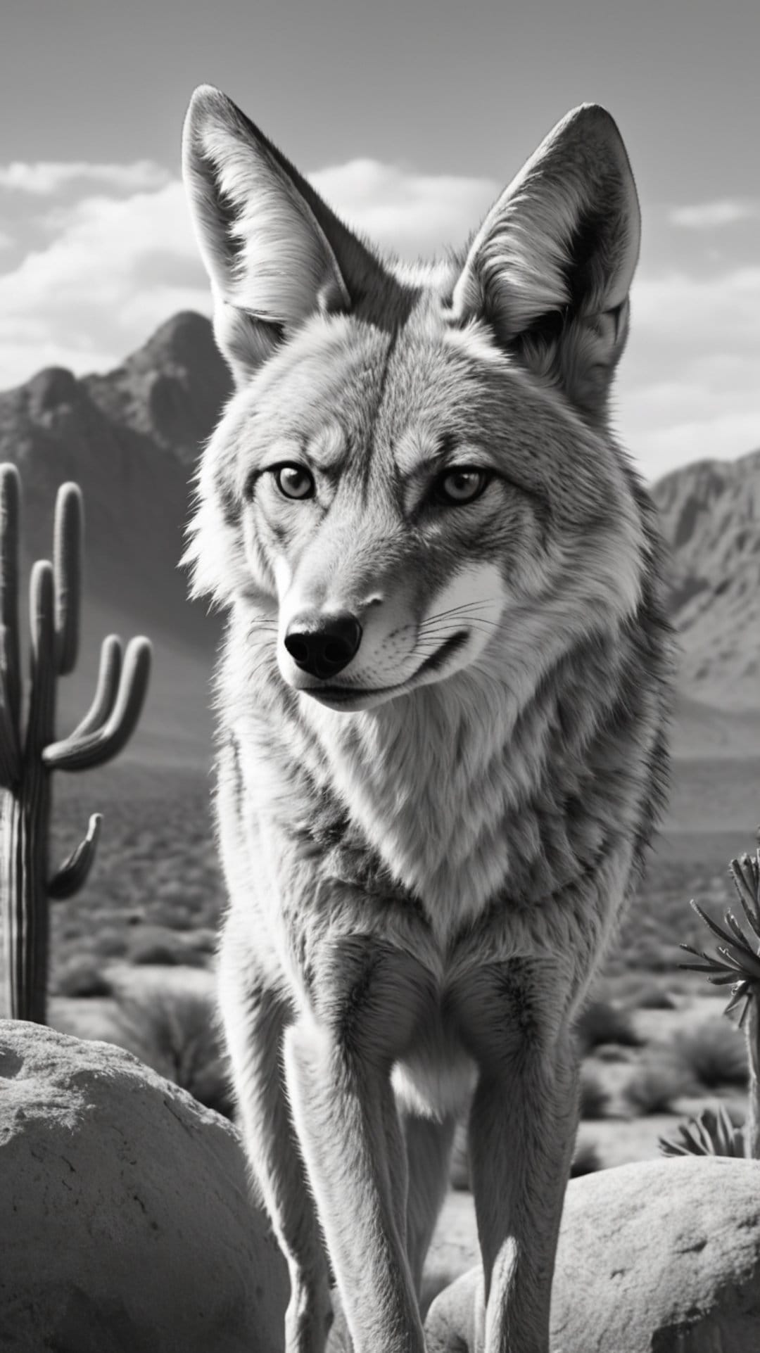 Coyote with sharp eyes stands near a saguaro cactus against a backdrop of rugged mountains and cloudy skies.