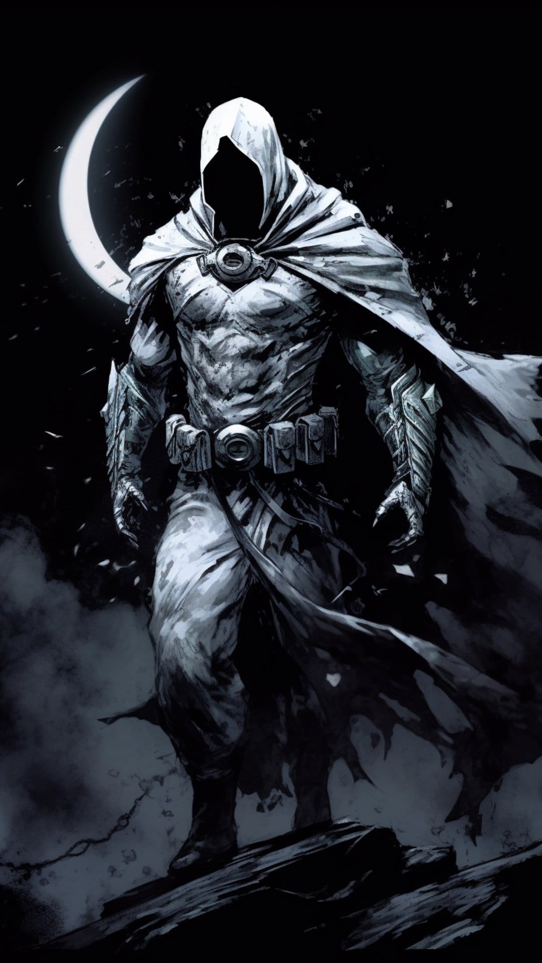 Moon Knight in a white hooded suit stands on rocks beneath a large crescent moon against a dark sky.