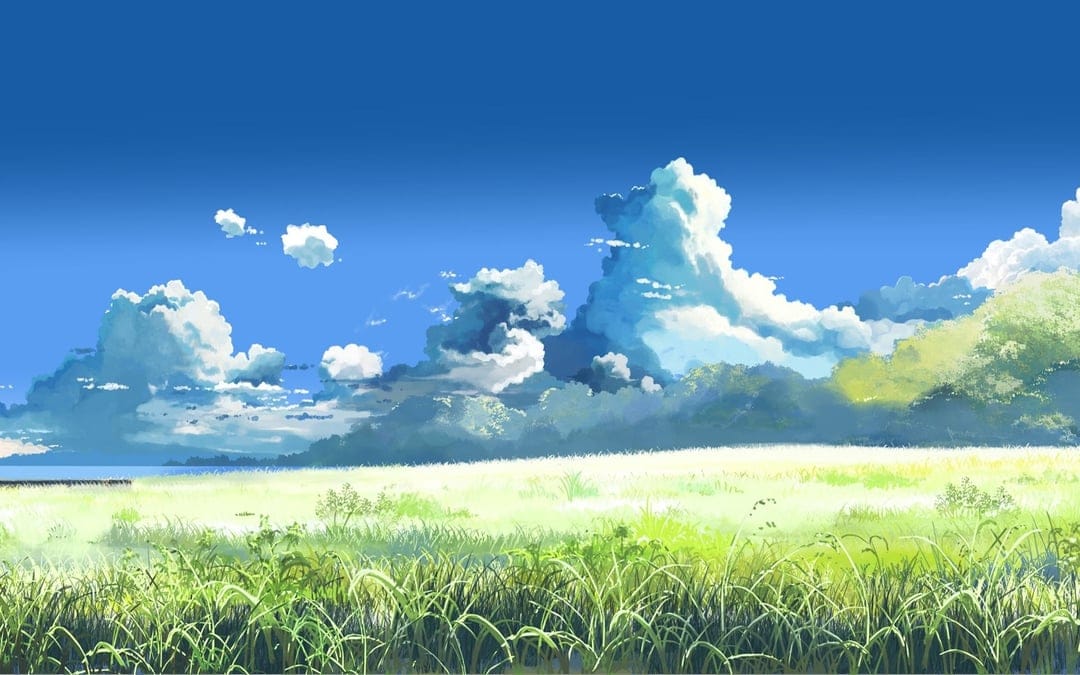 Vibrant green grass field under a bright blue sky with large fluffy white clouds in an anime art style.