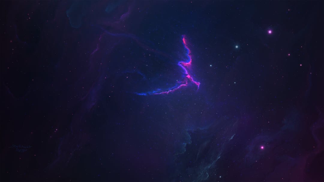 Purple cosmic nebula swirling across deep space with bright blue starlight and glowing galactic dust particles.