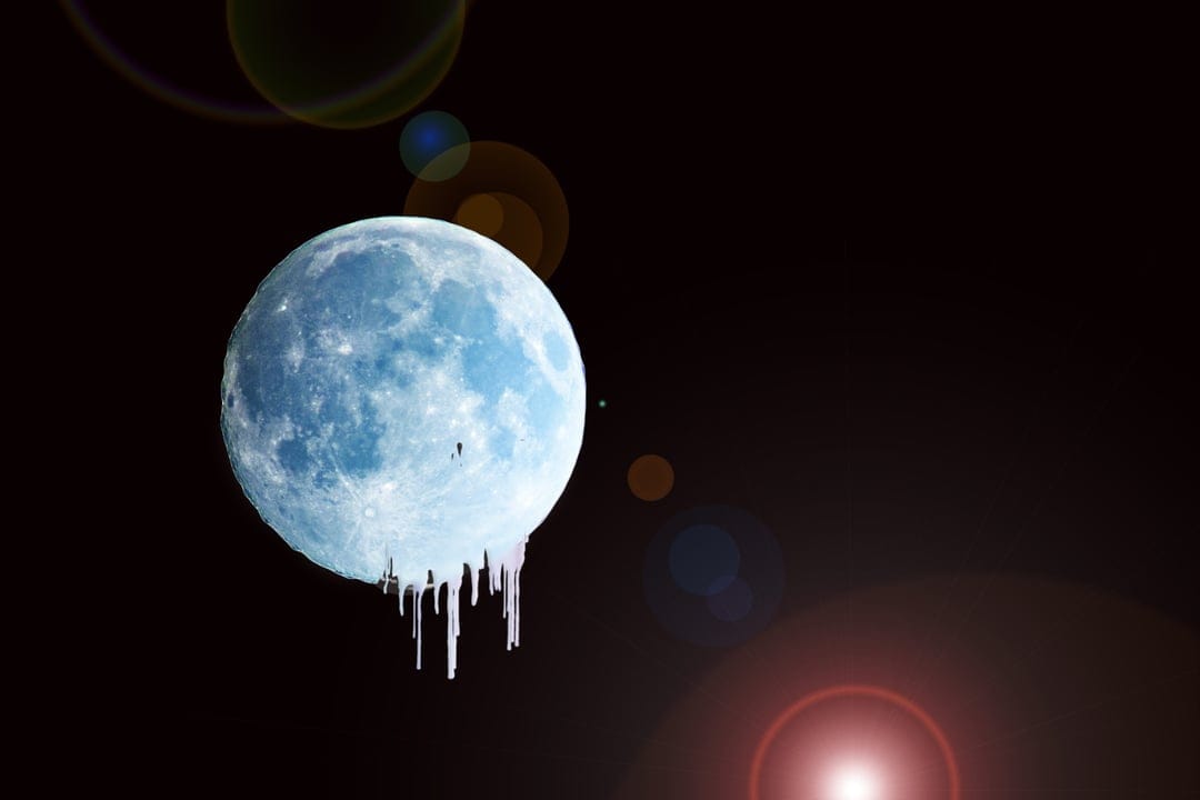 Frozen moon with jagged icicles hangs in a dark cosmic void filled with soft lens flares and distant stars.