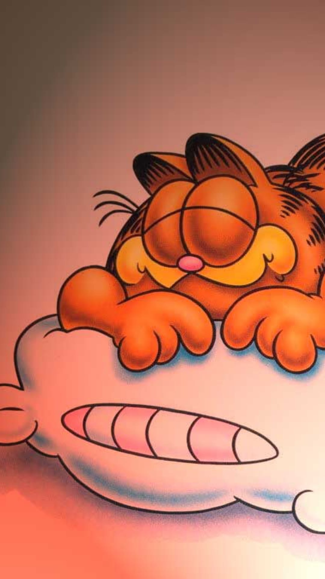 Garfield the orange cat sleeps peacefully on a fluffy white cloud against a pink and brown gradient background.