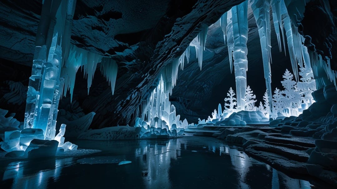 Glowing blue icicles hang from a cavern ceiling above a frozen forest and a reflective pool of still water.
