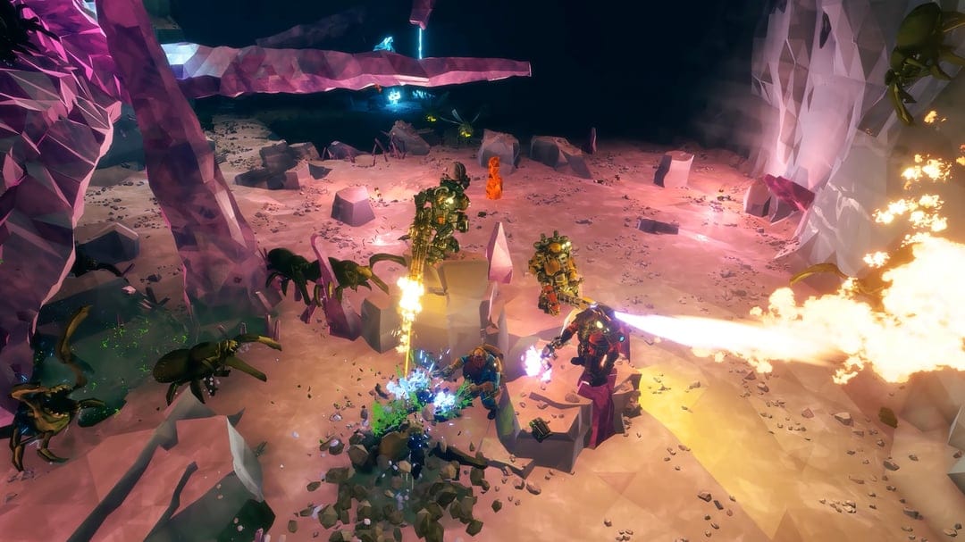 Four armored dwarves fire weapons at giant insect monsters in a purple crystal cave with bright fire effects.
