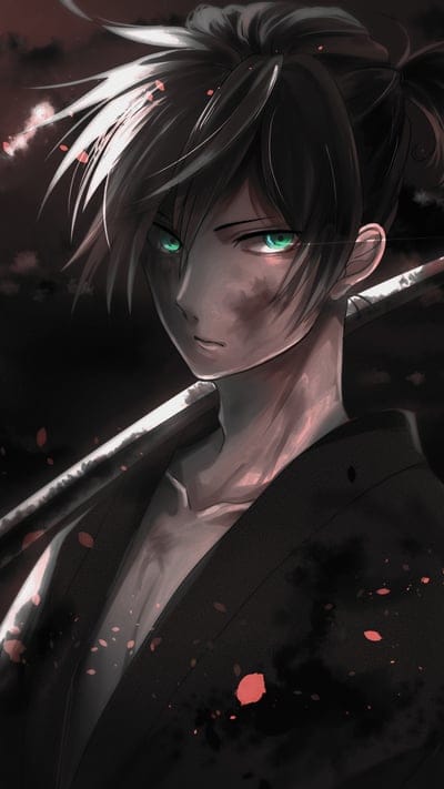 Anime Art, Noragami Yato, Emerald Eyes, Dark Aesthetic, Swordsman, Male Character, Battle-worn, Digital Illustration, Kimono, Glowing Eyes, Anime Boy, Mysterious, Gritty Style, Katana, Intense Gaze, Manga Character, Artistic Portrait, Shadowy Background, Visual Novel Style