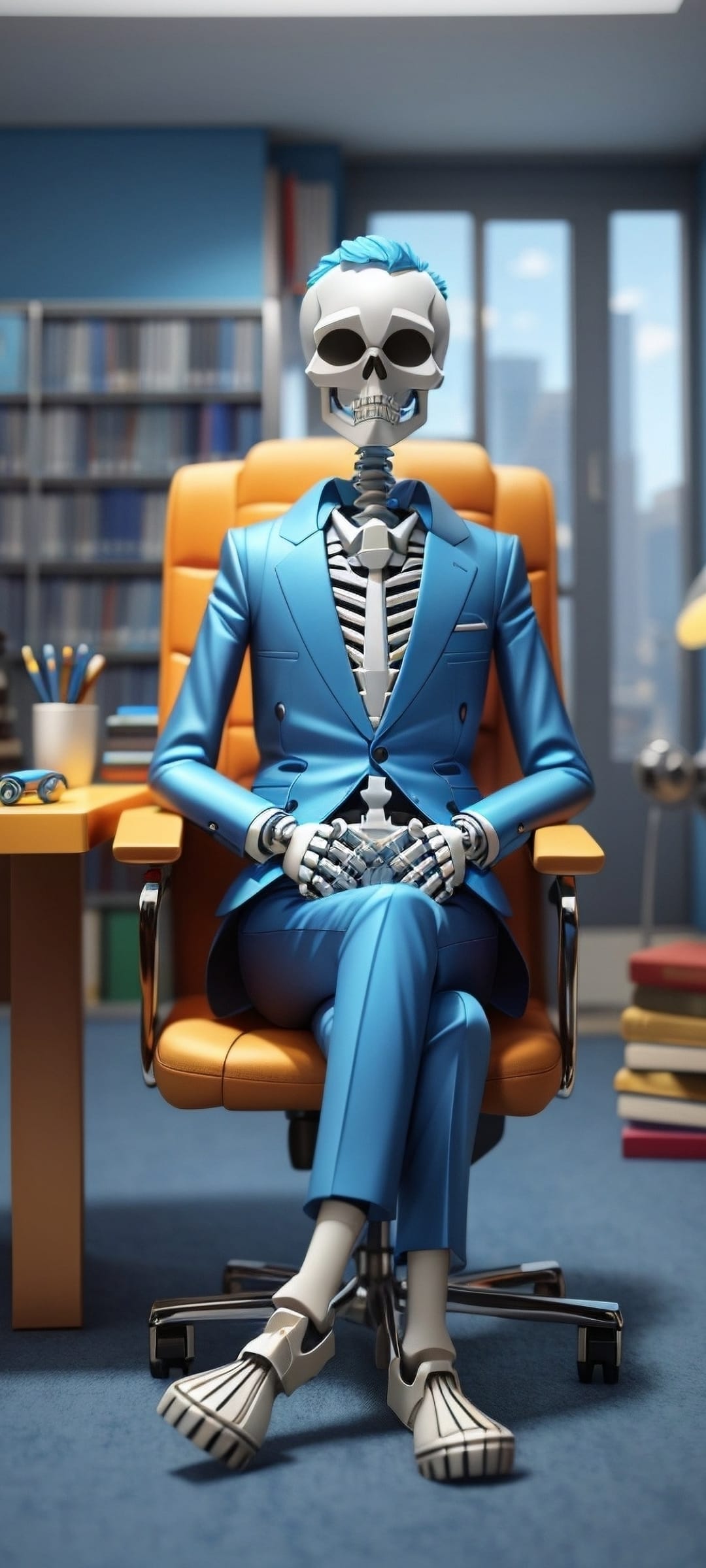 Skeleton with blue hair wearing a navy suit and tie sits in an orange chair overlooking a city skyline.