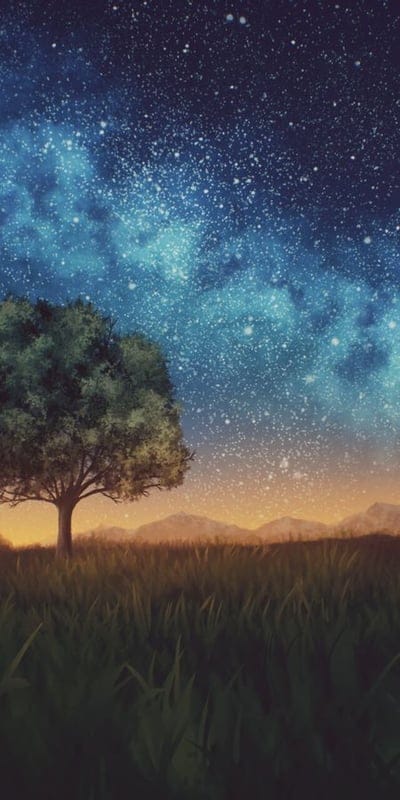 Starry night, Lone tree, Galaxy, Night sky, Artistic, Cosmic, Dreamlike, Nature, Landscape, Celestial, Green tree, Astrophotography, Scenic, Tranquil, Stargazing, Universe, Aesthetic, Field, Mountains, Night art