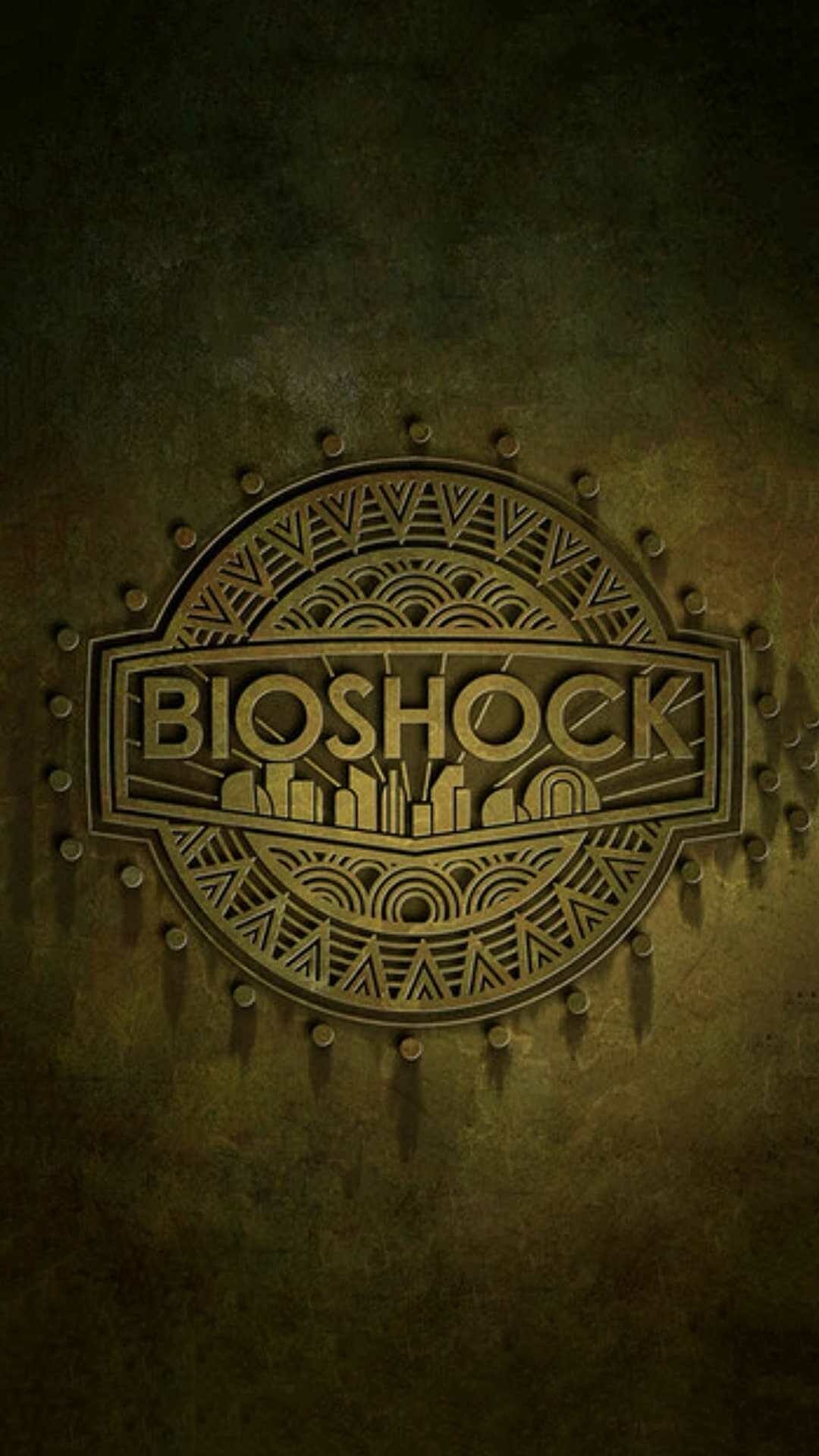 BioShock Art Deco medallion with Rapture skyline silhouette and geometric patterns on a dark textured background.