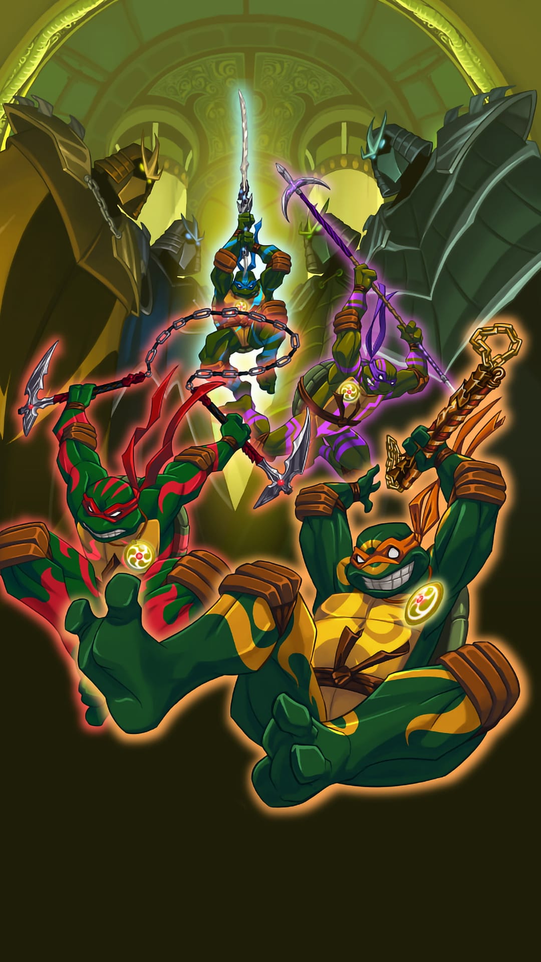 Four mutant turtles clash with Shredder and Krang in a dynamic vertical city scene with sharp weaponry.
